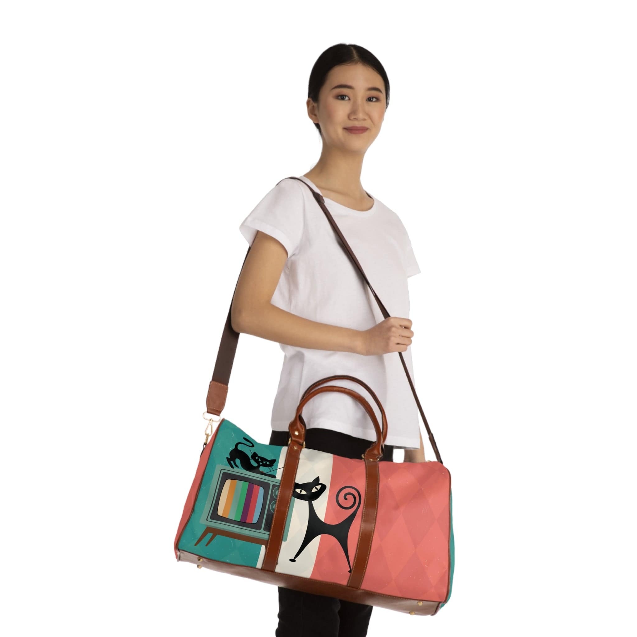 Kate McEnroe New York Atomic Cat Retro TV Travel Bag, Vibrant MCM Weekender, Nostalgic 50s DuffelDuffel Bags27234419722953494186
