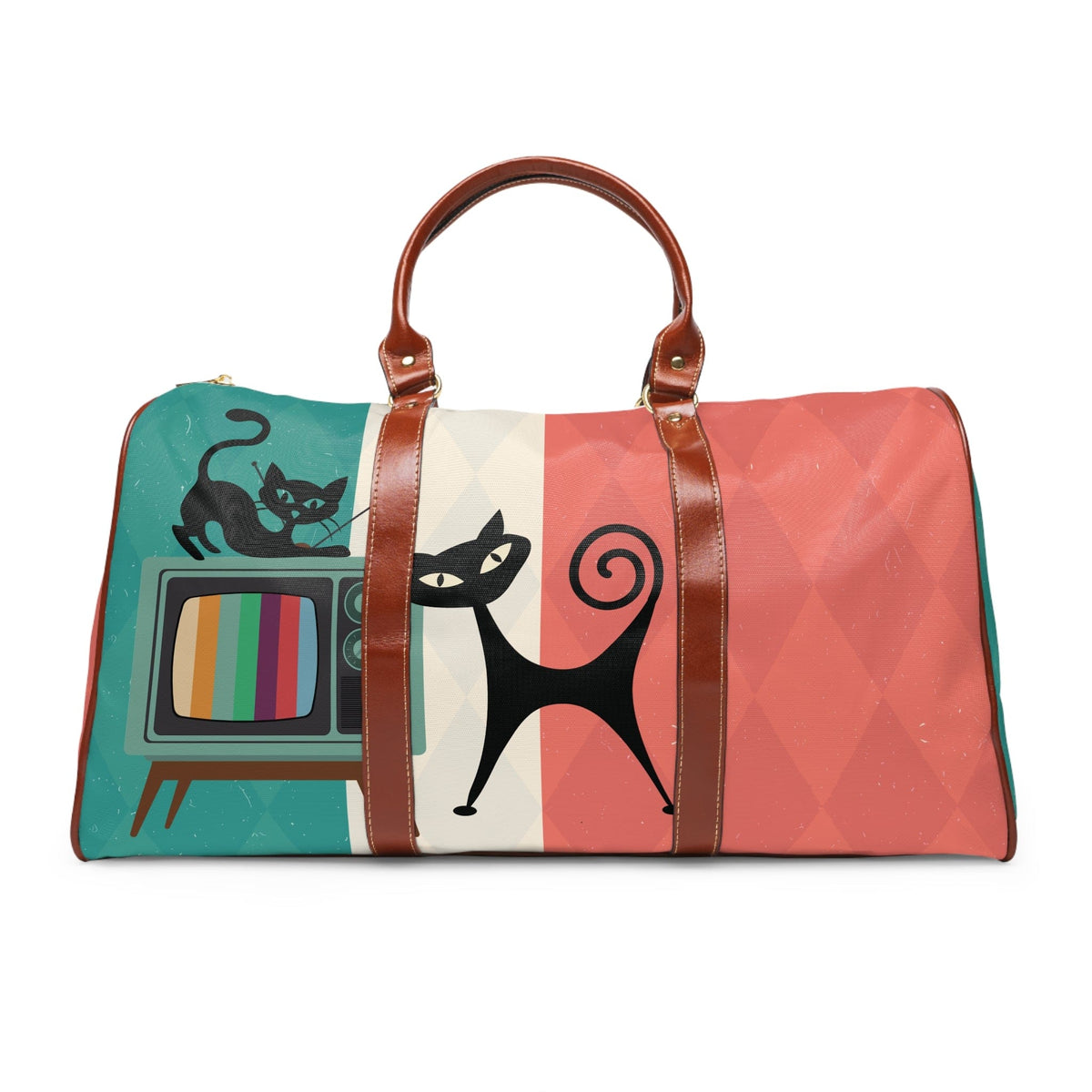 Kate McEnroe New York Atomic Cat Retro TV Travel Bag, Vibrant MCM Weekender, Nostalgic 50s DuffelDuffel Bags27234419722953494186