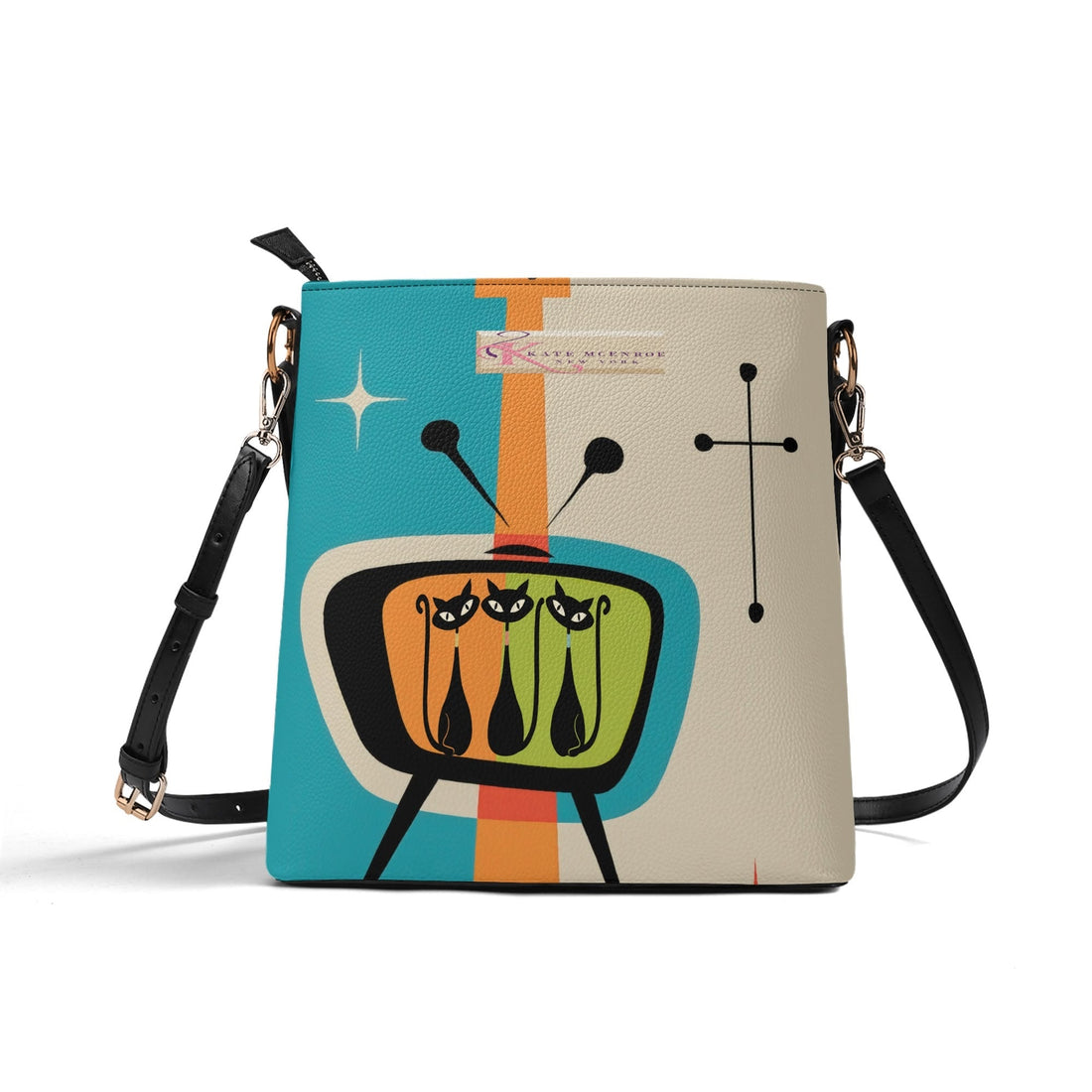 Kate McEnroe New York Atomic Cat Retro Vintage TV Bucket Handbag, Mid Century Modern Purse, MCM Kitsch Crossbody BagHandbagsW8MJ53XW - 1