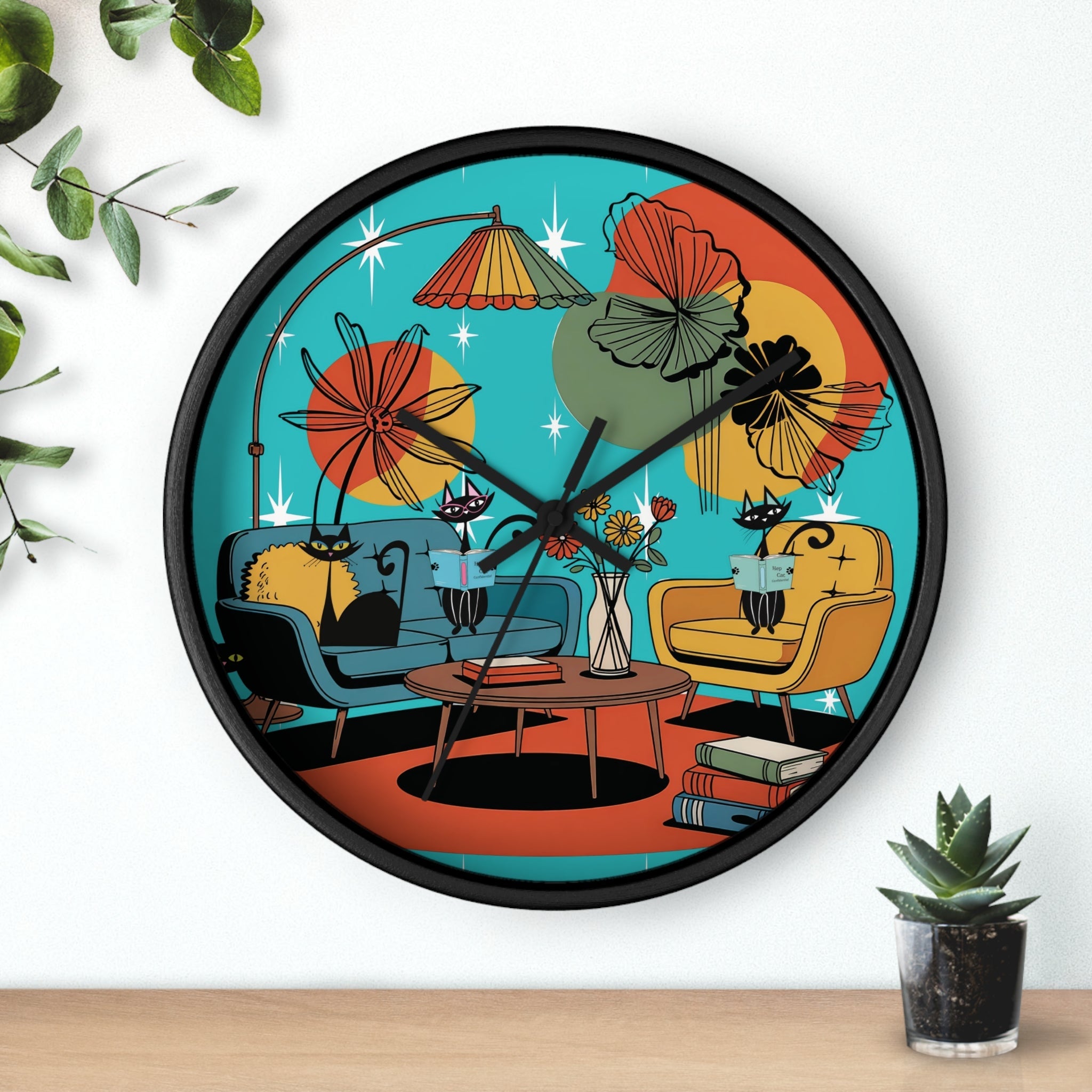 Kate McEnroe New York Atomic Cat Retro Wall Clock, 1950s Mid Century Modern Lounge Timepiece, MCM Book Lover Home DecorWall Clocks15469414370017025945