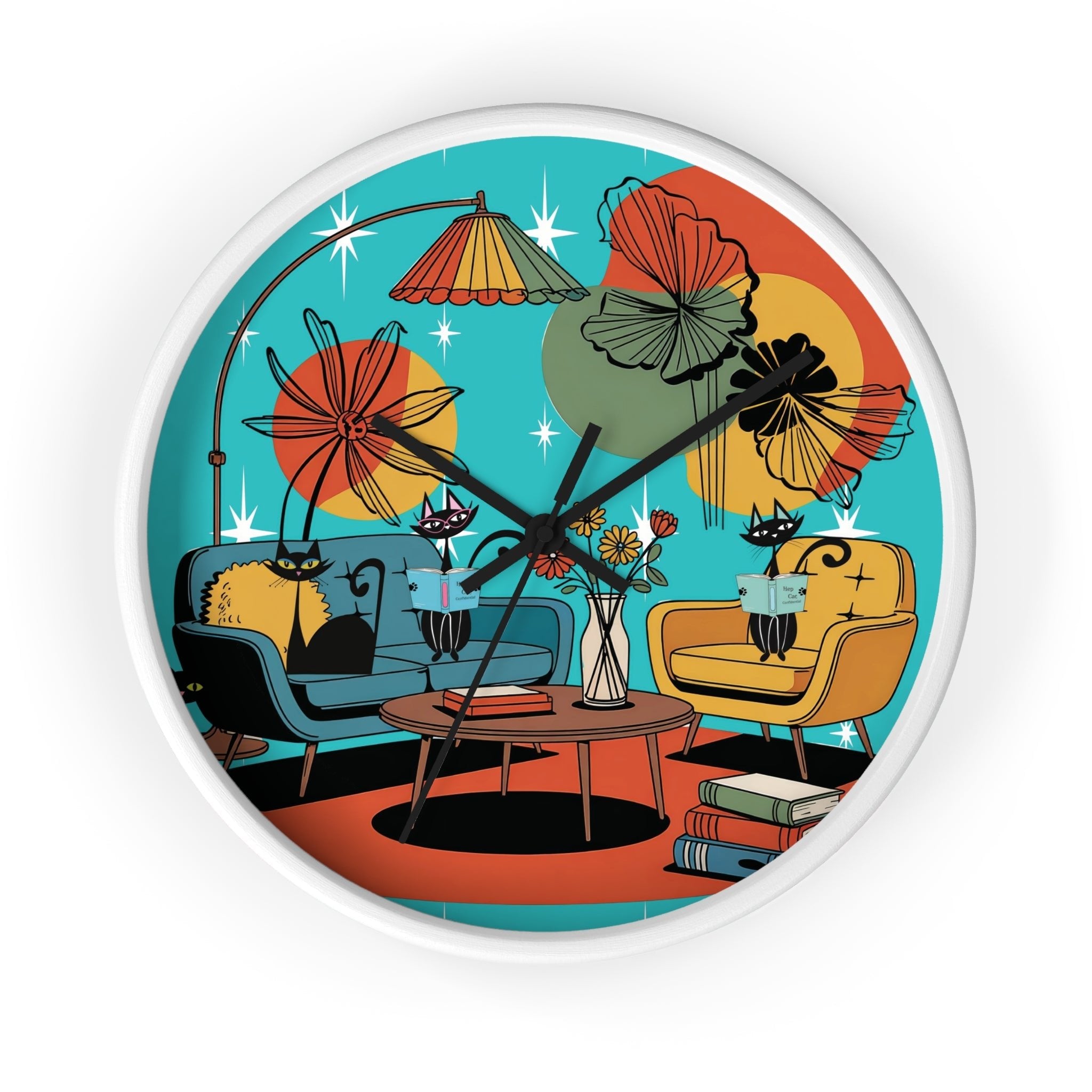 Kate McEnroe New York Atomic Cat Retro Wall Clock, 1950s Mid Century Modern Lounge Timepiece, MCM Book Lover Home DecorWall Clocks25305415091986627792