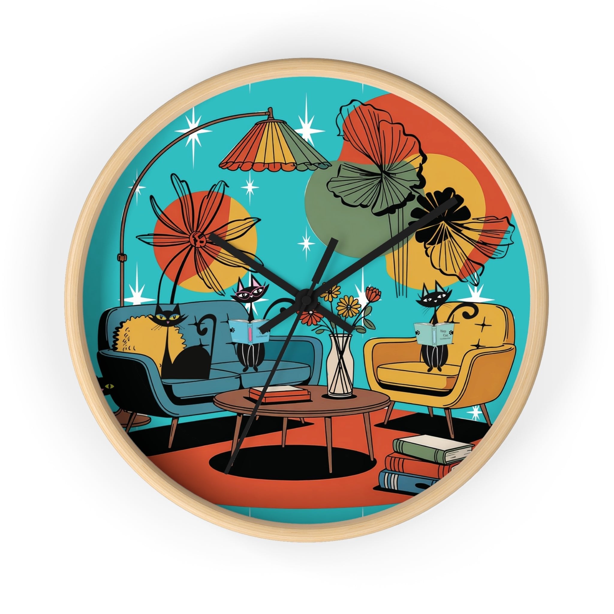 Kate McEnroe New York Atomic Cat Retro Wall Clock, 1950s Mid Century Modern Lounge Timepiece, MCM Book Lover Home DecorWall Clocks29526468295532260836