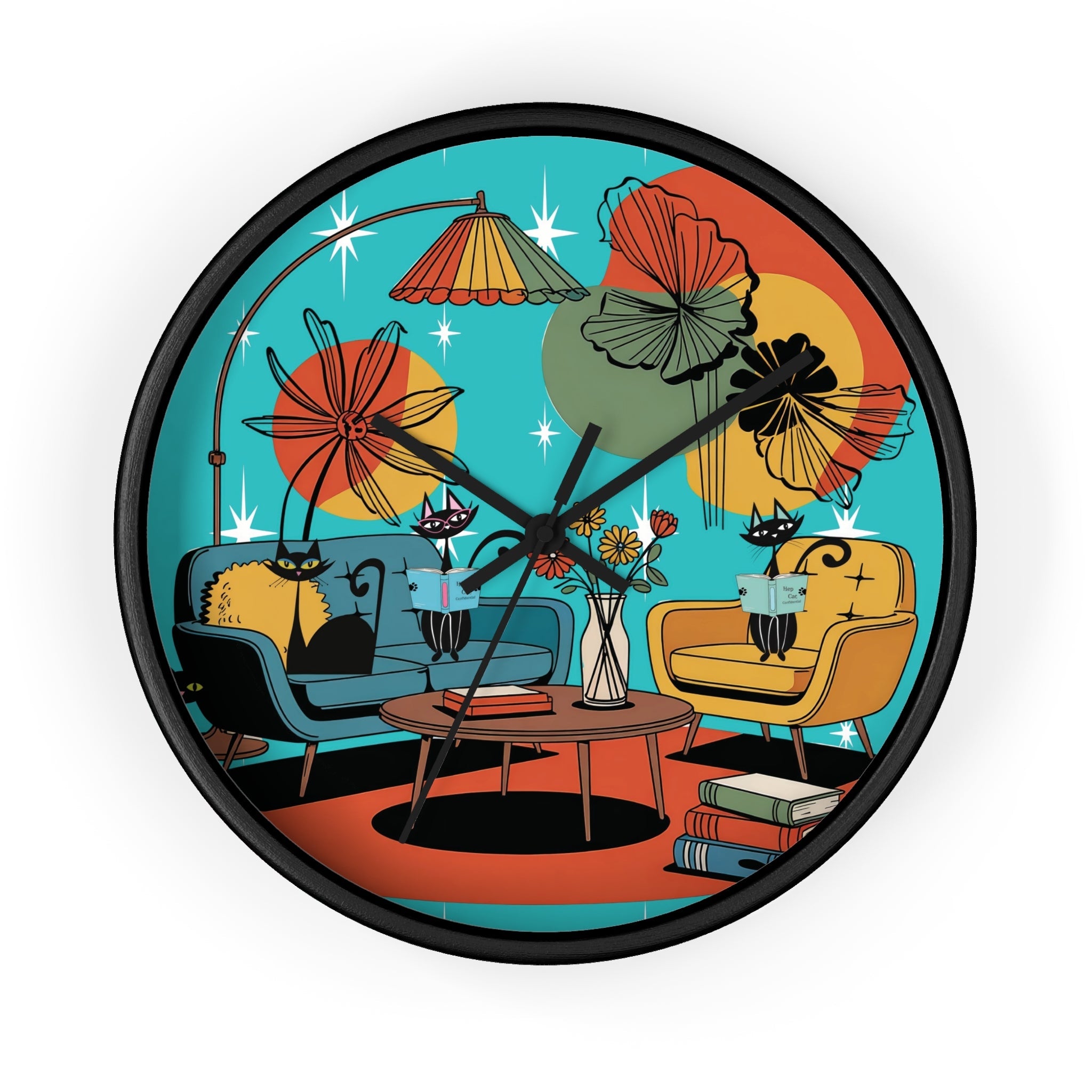 Kate McEnroe New York Atomic Cat Retro Wall Clock, 1950s Mid Century Modern Lounge Timepiece, MCM Book Lover Home DecorWall Clocks29658118988172731218