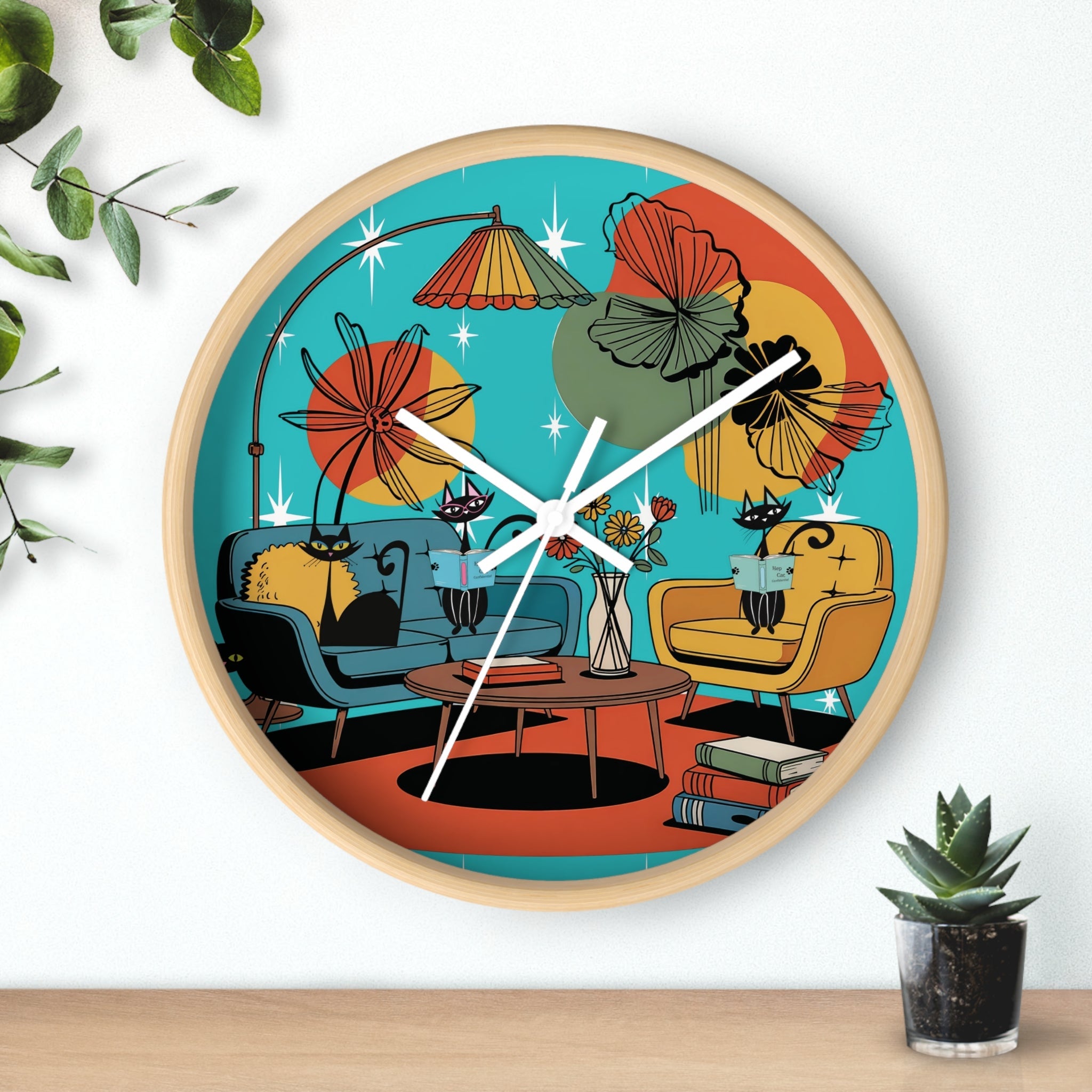 Kate McEnroe New York Atomic Cat Retro Wall Clock, 1950s Mid Century Modern Lounge Timepiece, MCM Book Lover Home DecorWall Clocks29658118988172731218