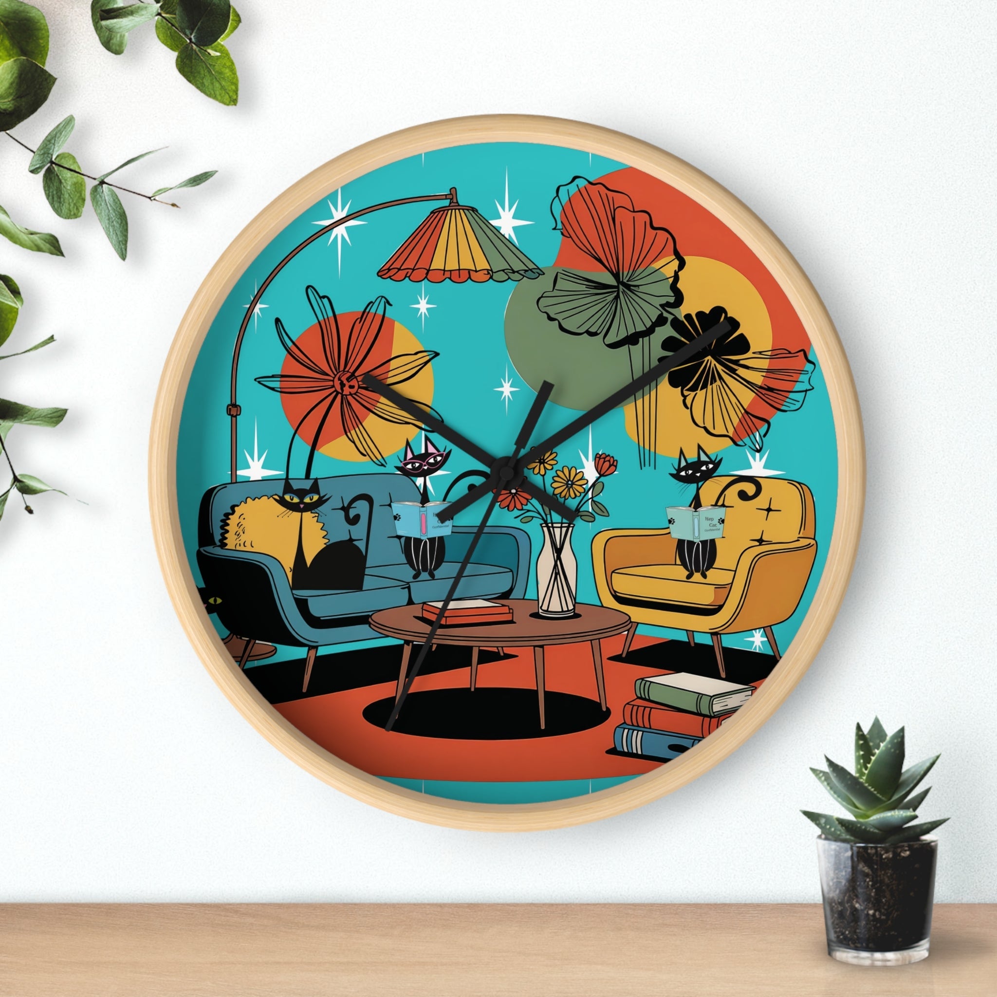 Kate McEnroe New York Atomic Cat Retro Wall Clock, 1950s Mid Century Modern Lounge Timepiece, MCM Book Lover Home DecorWall Clocks29658118988172731218