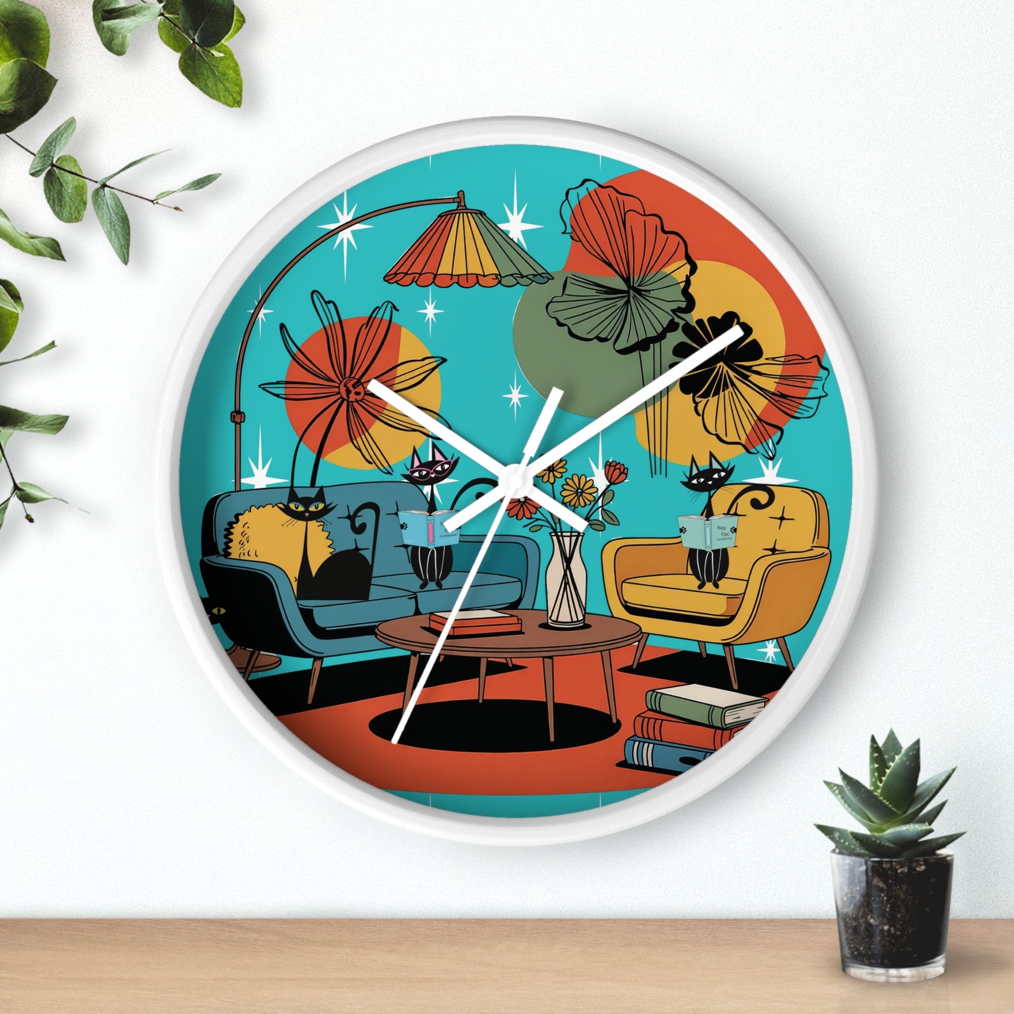 Kate McEnroe New York Atomic Cat Retro Wall Clock, 1950s Mid Century Modern Lounge Timepiece, MCM Book Lover Home DecorWall Clocks29658118988172731218