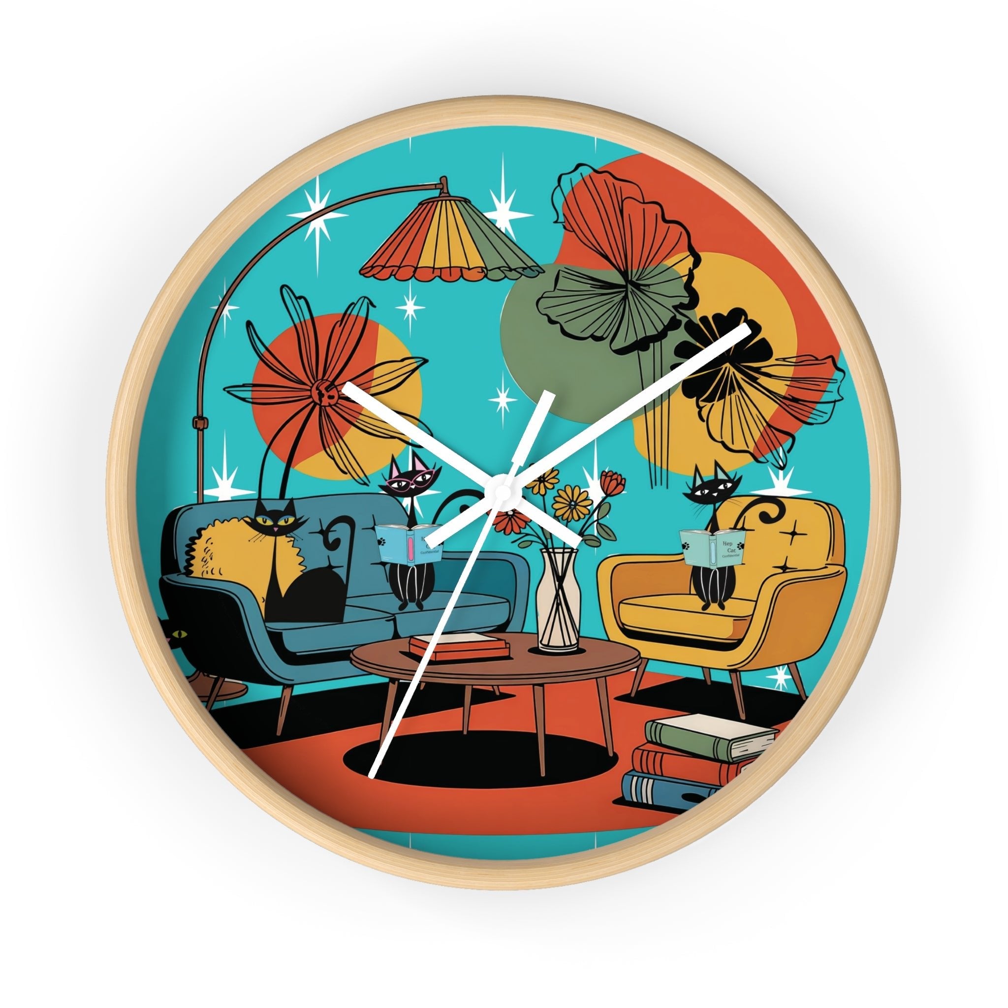 Kate McEnroe New York Atomic Cat Retro Wall Clock, 1950s Mid Century Modern Lounge Timepiece, MCM Book Lover Home DecorWall Clocks29658118988172731218
