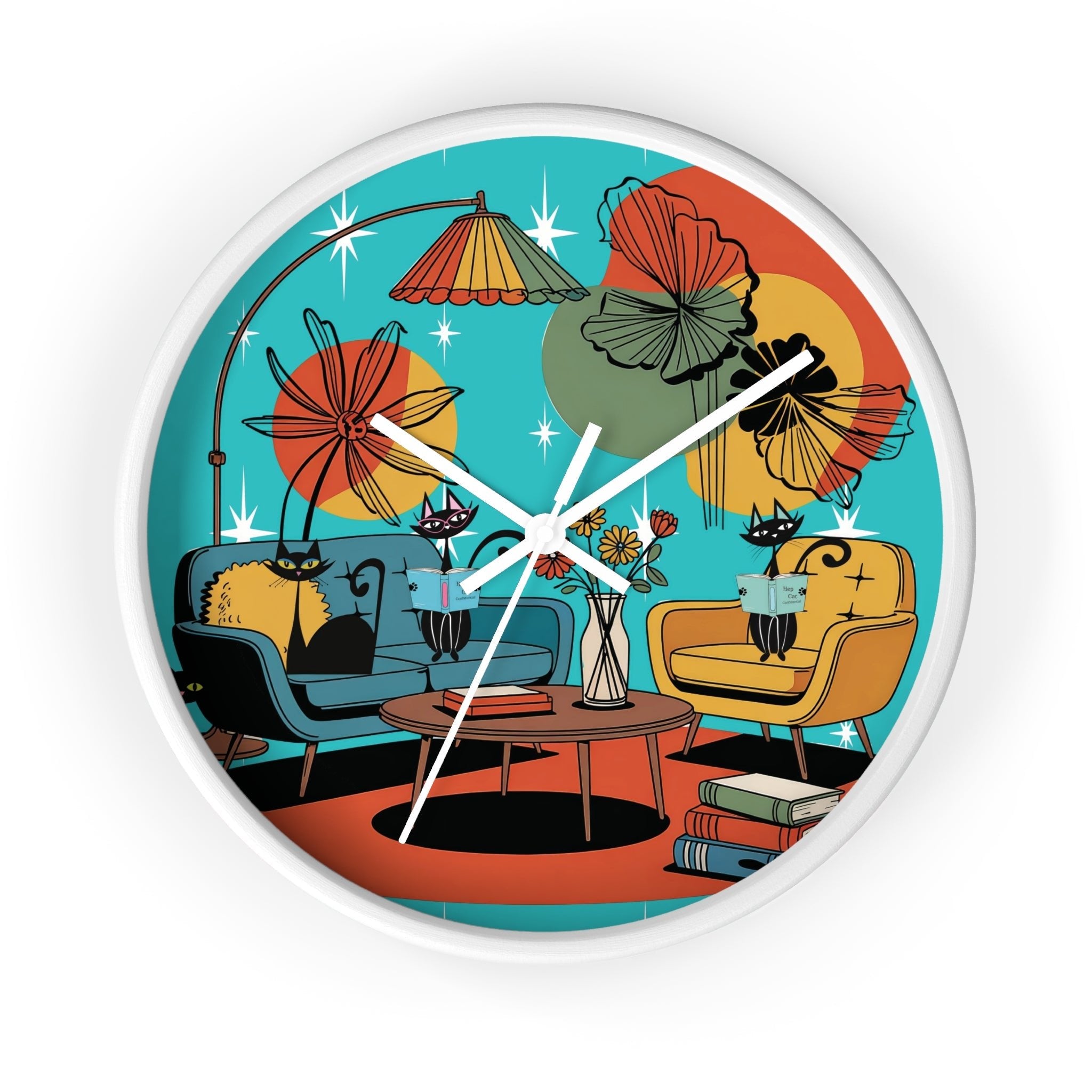 Kate McEnroe New York Atomic Cat Retro Wall Clock, 1950s Mid Century Modern Lounge Timepiece, MCM Book Lover Home DecorWall Clocks33597213848313385968