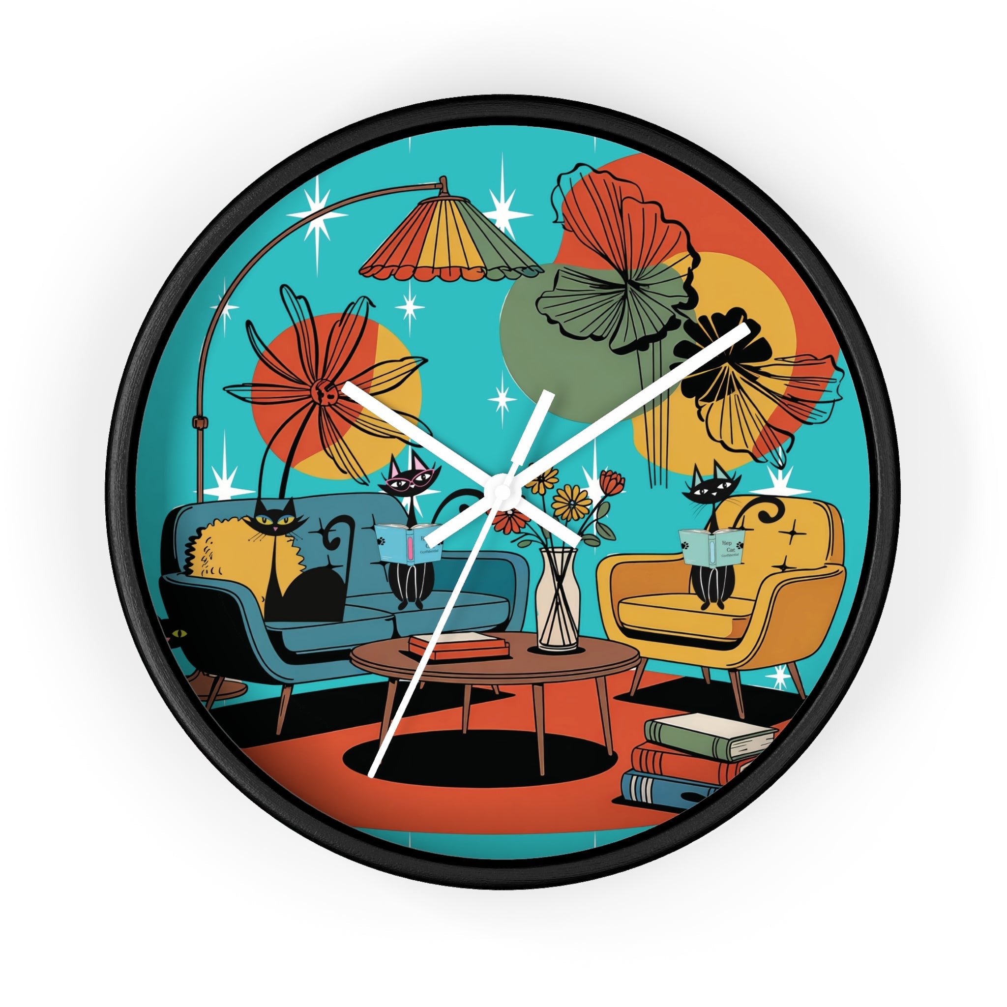Kate McEnroe New York Atomic Cat Retro Wall Clock, 1950s Mid Century Modern Lounge Timepiece, MCM Book Lover Home DecorWall Clocks91841862540920114464