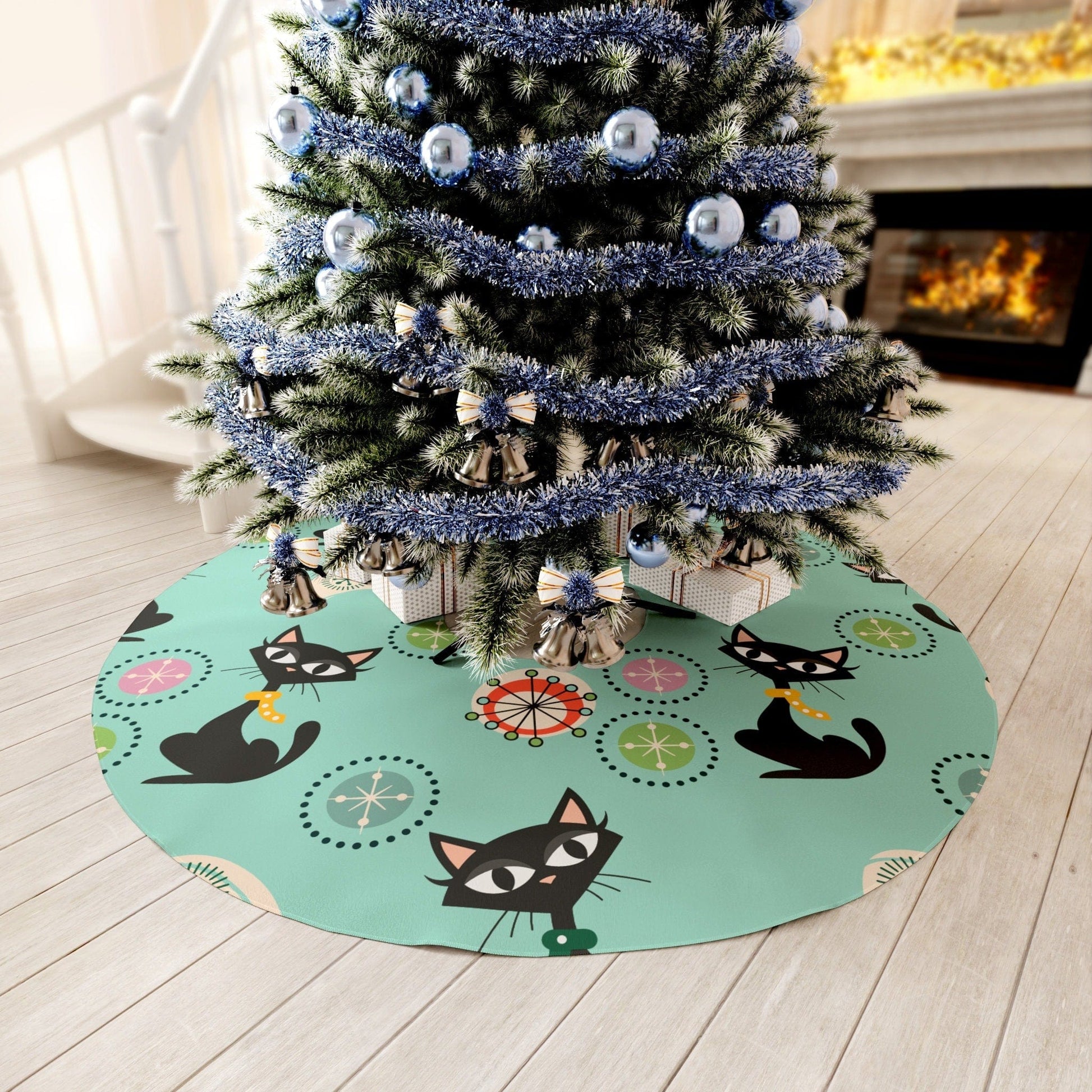 Kate McEnroe New York Atomic Cat Round Tree Skirt, Mid Century Kitschy Holiday, Retro Vintage Christmas Tree Decor Christmas Tree Skirts 22467957878388827427