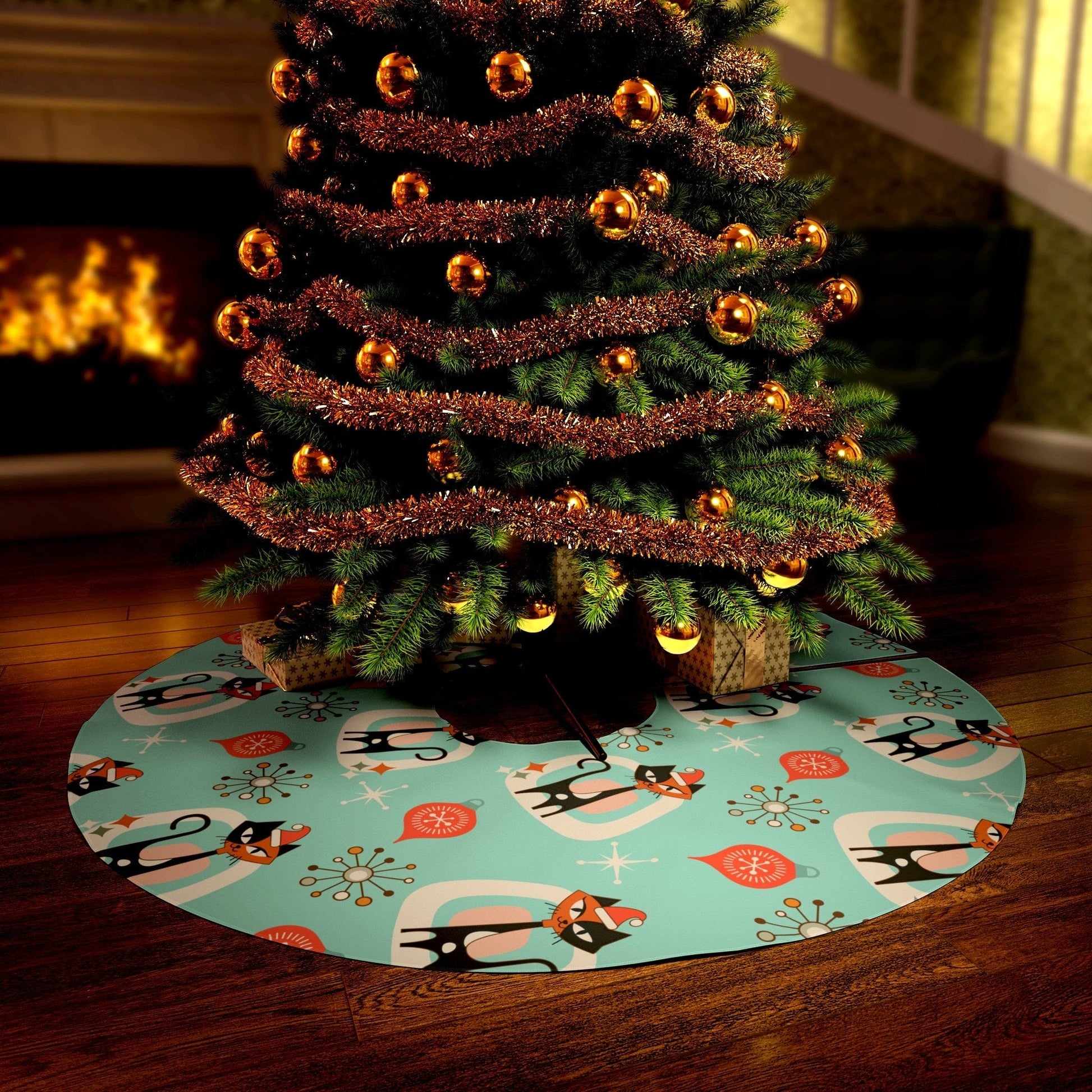 Kate McEnroe New York Atomic Cat Round Tree Skirt, Mid Century Modern Kitschy Holiday, Retro Vintage Christmas Decor Christmas Tree Skirts 16077054006701954040