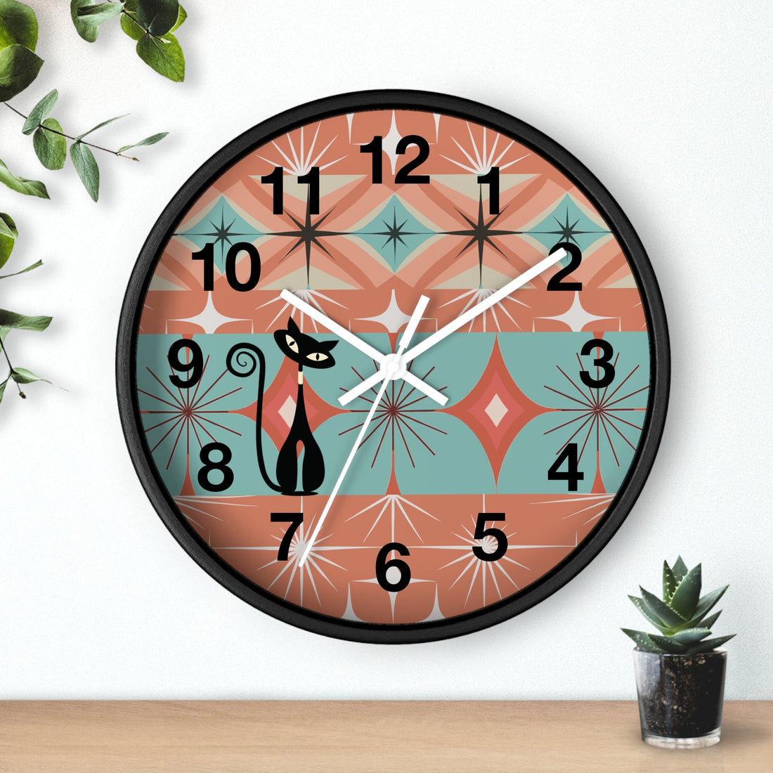 Kate McEnroe New York Atomic Cat Round Wall Clock, Retro Mid Century Modern Starburst Home DecorWall Clocks11778005287391657695