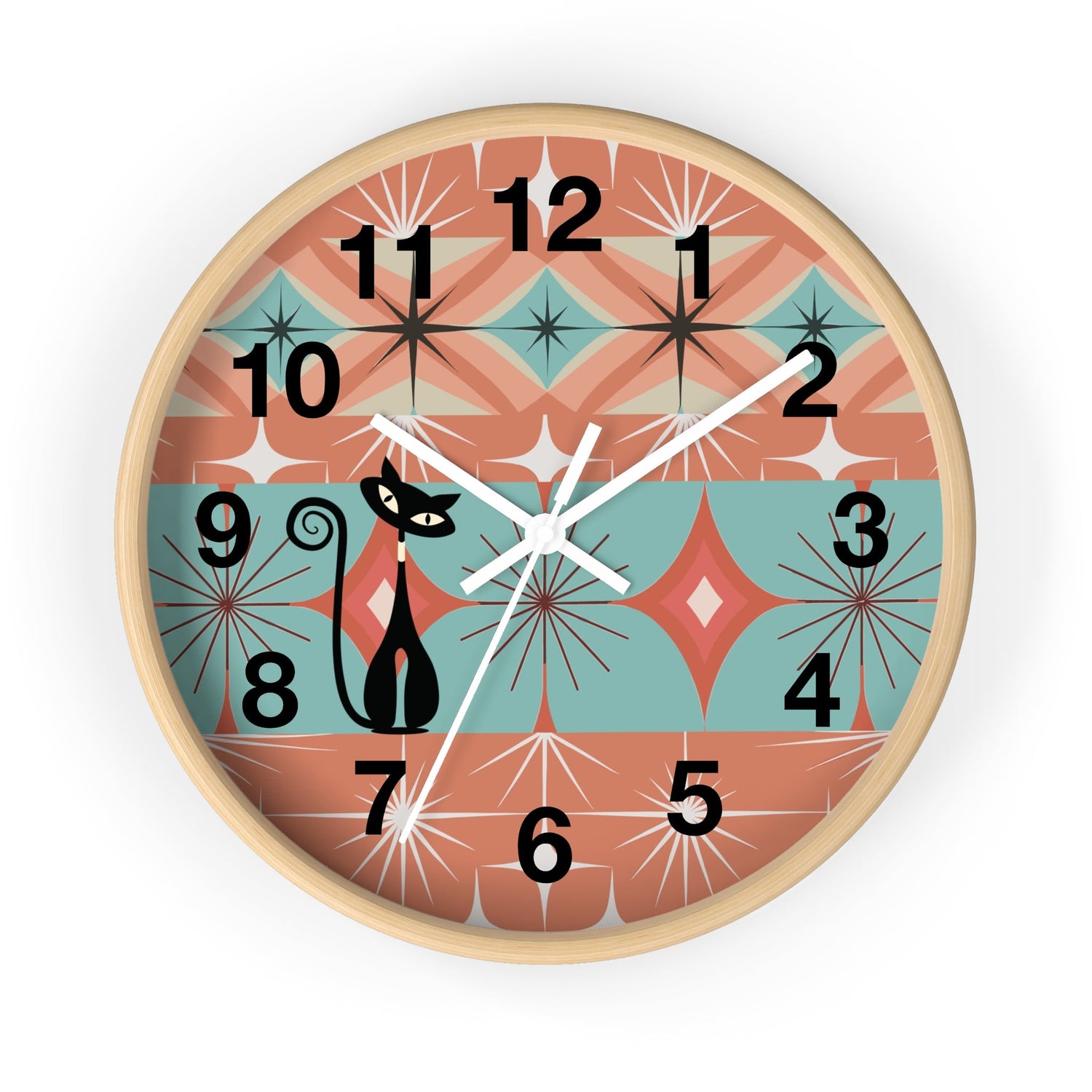 Kate McEnroe New York Atomic Cat Round Wall Clock, Retro Mid Century Modern Starburst Home DecorWall Clocks18448088384254012870