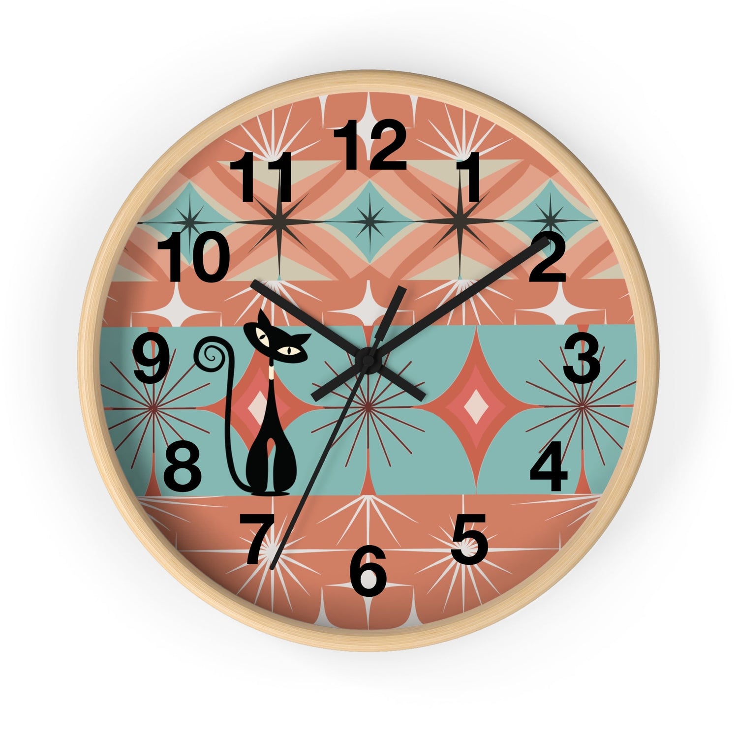 Kate McEnroe New York Atomic Cat Round Wall Clock, Retro Mid Century Modern Starburst Home DecorWall Clocks18448088384254012870