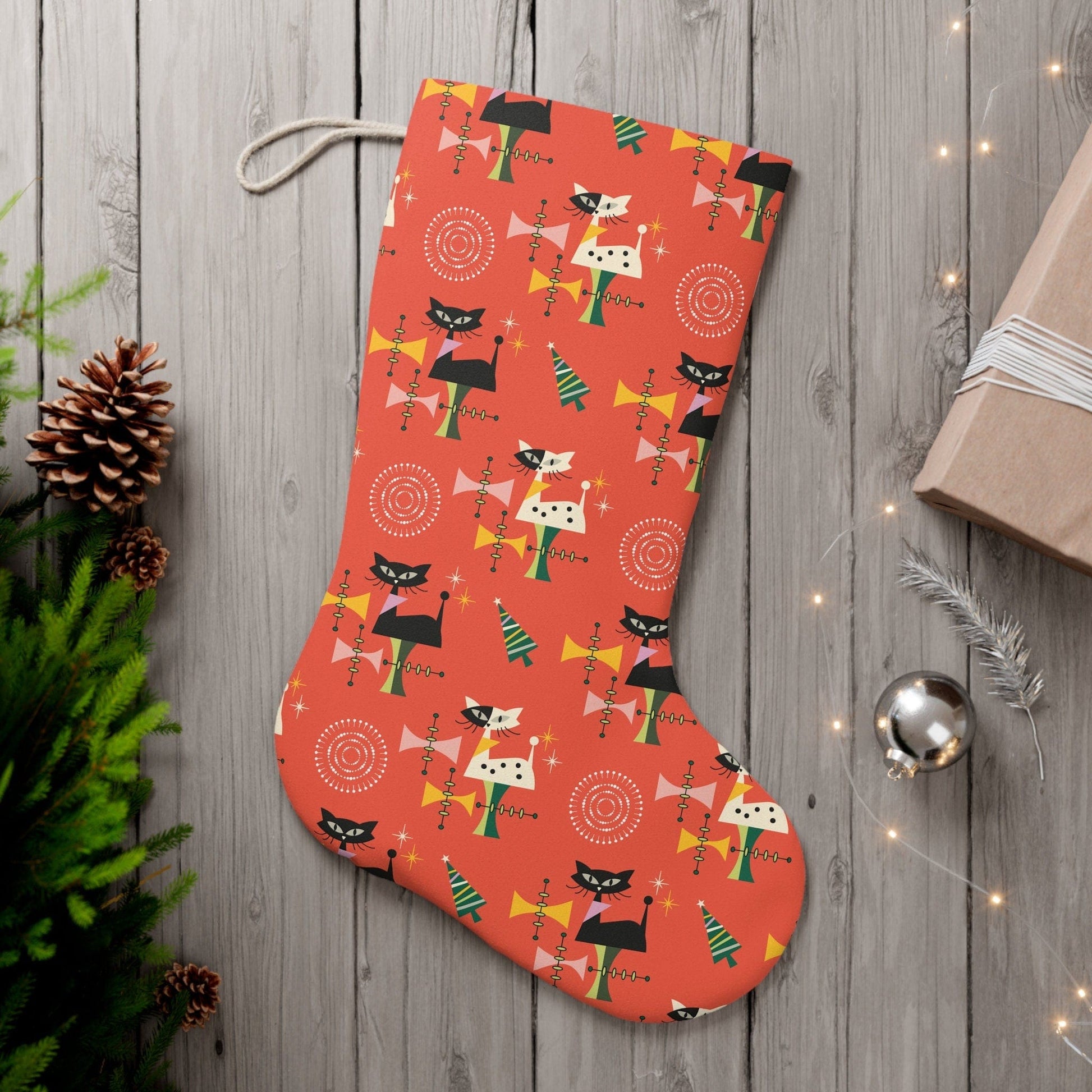 Kate McEnroe New York Atomic Cat Santa Stocking, Retro Starburst Christmas Decor, 1950s Vintage style Christmas Stockings Holiday Stockings 30325225707929718430