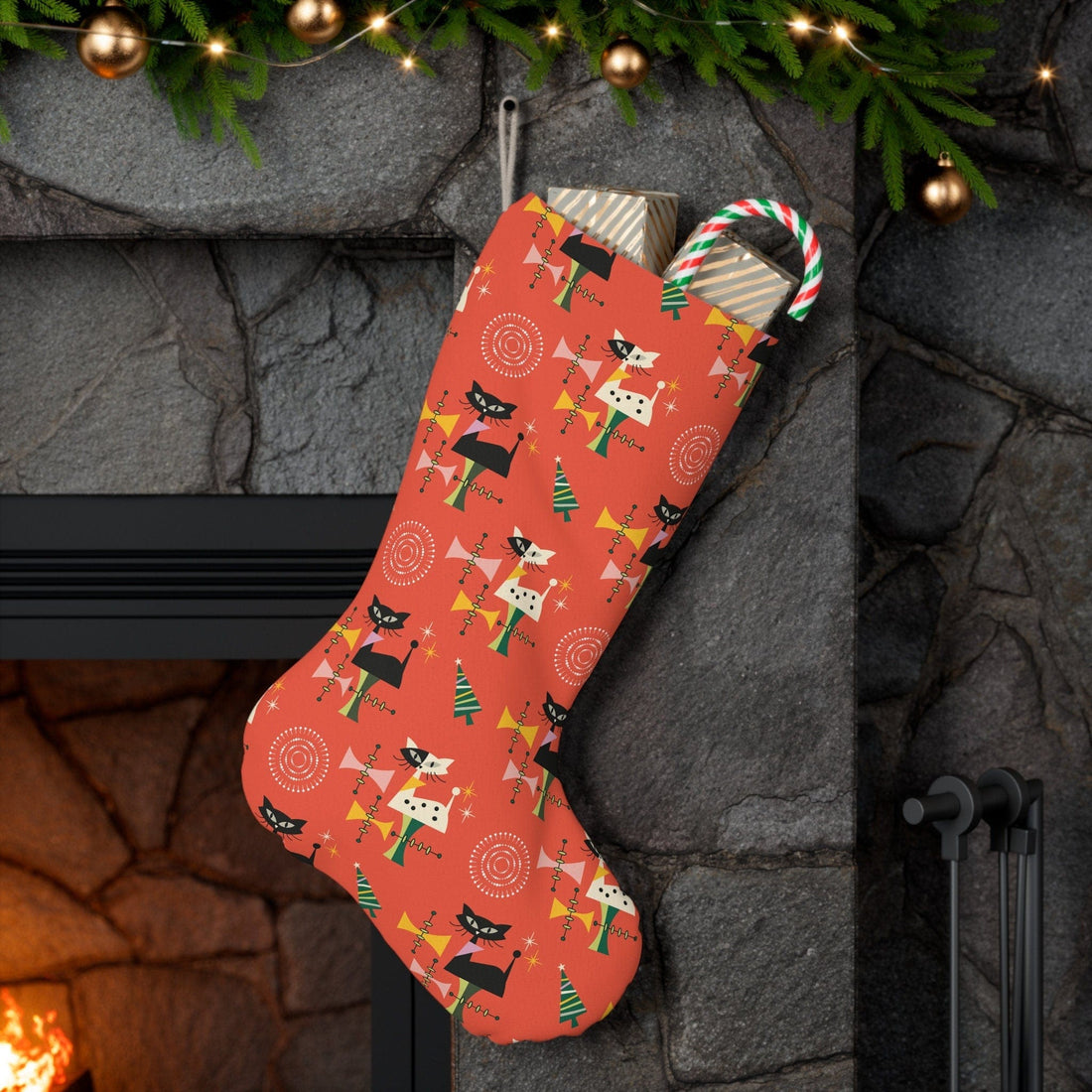 Kate McEnroe New York Atomic Cat Santa Stocking, Retro Starburst Christmas Decor, 1950s Vintage style Christmas StockingsHoliday Stockings30325225707929718430