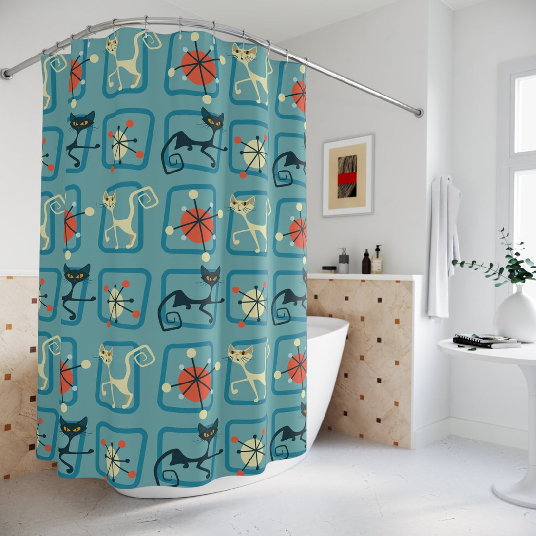 Kate McEnroe New York Atomic Cat Shower Curtain, Black and White Cat, MCM Retro Kitschy, Mid Century Modern Starburst Bathroom Decor, Retro Shower CurtainsShower Curtains70702629976319809496
