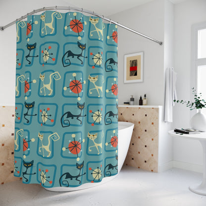 Kate McEnroe New York Atomic Cat Shower Curtain, Black and White Cat, MCM Retro Kitschy, Mid Century Modern Starburst Bathroom Decor, Retro Shower CurtainsShower Curtains70702629976319809496