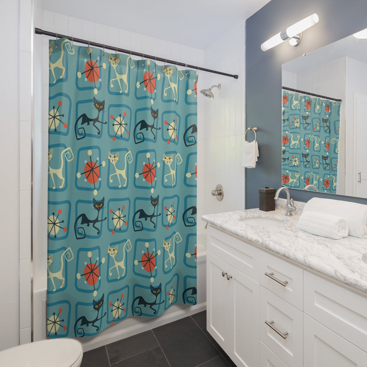 Kate McEnroe New York Atomic Cat Shower Curtain, Black and White Cat, MCM Retro Kitschy, Mid Century Modern Starburst Bathroom Decor, Retro Shower CurtainsShower Curtains70702629976319809496