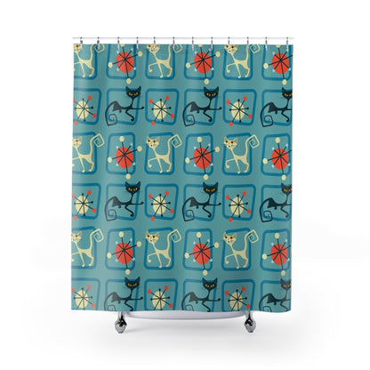 Kate McEnroe New York Atomic Cat Shower Curtain, Black and White Cat, MCM Retro Kitschy, Mid Century Modern Starburst Bathroom Decor, Retro Shower CurtainsShower CurtainsS40 - BWC - BLU - 7X7