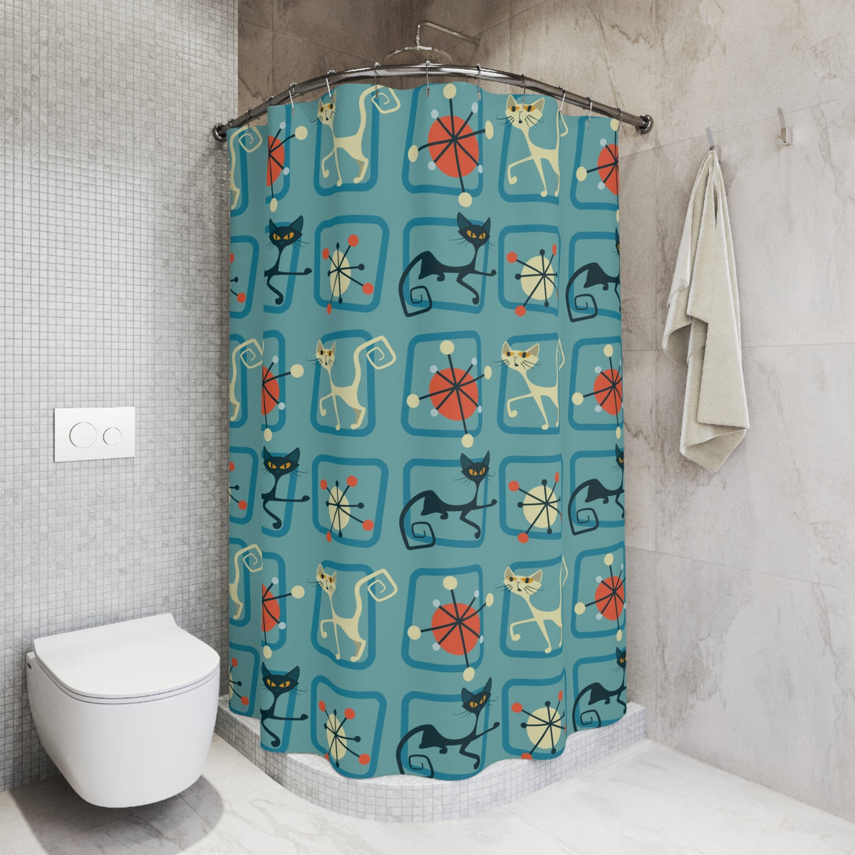Kate McEnroe New York Atomic Cat Shower Curtain, Black and White Cat, MCM Retro Kitschy, Mid Century Modern Starburst Bathroom Decor, Retro Shower CurtainsShower Curtains70702629976319809496