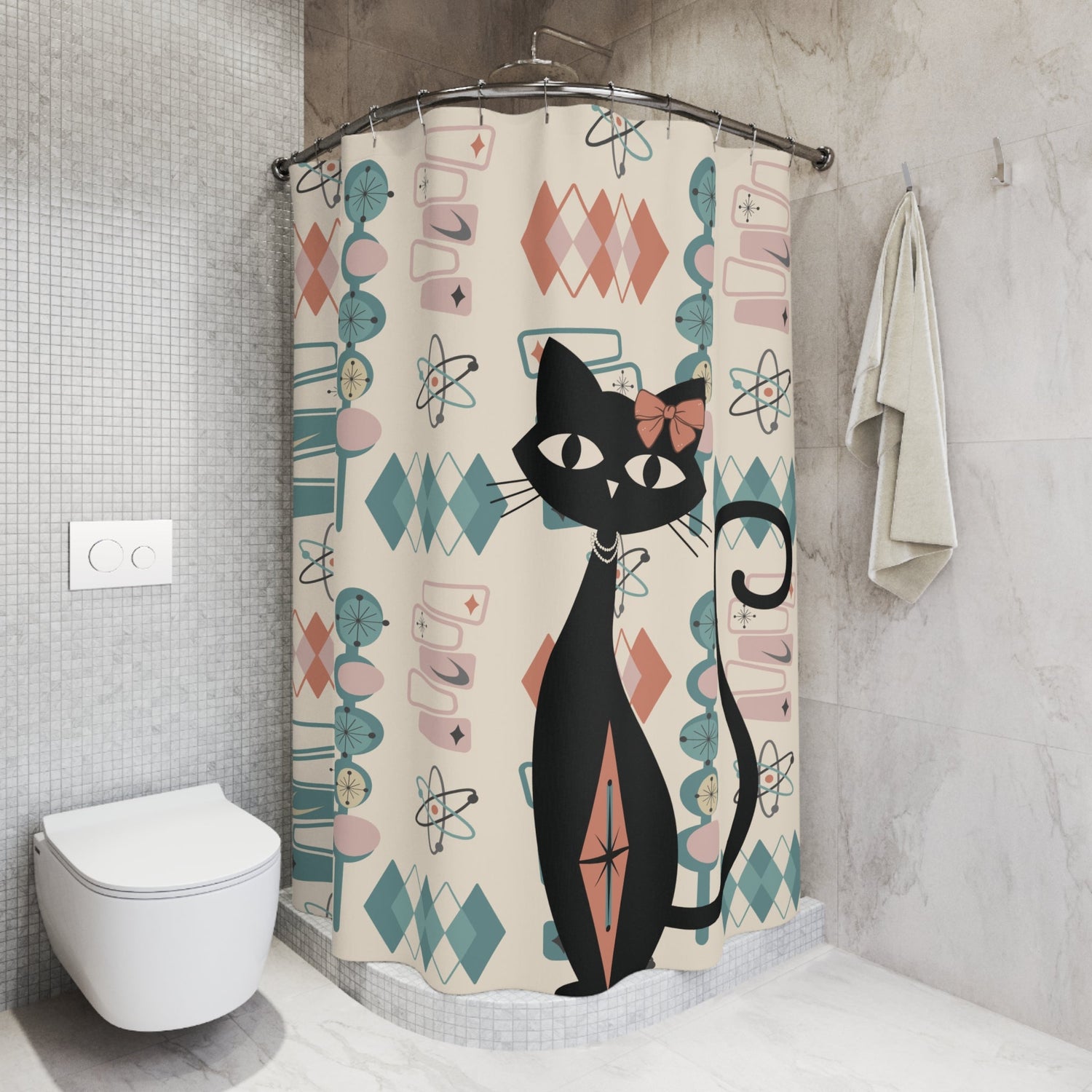 Kate McEnroe New York Atomic Cat Shower Curtain Mid Century Modern Retro Kitschy Bath DecorShower Curtains99537156856523981201