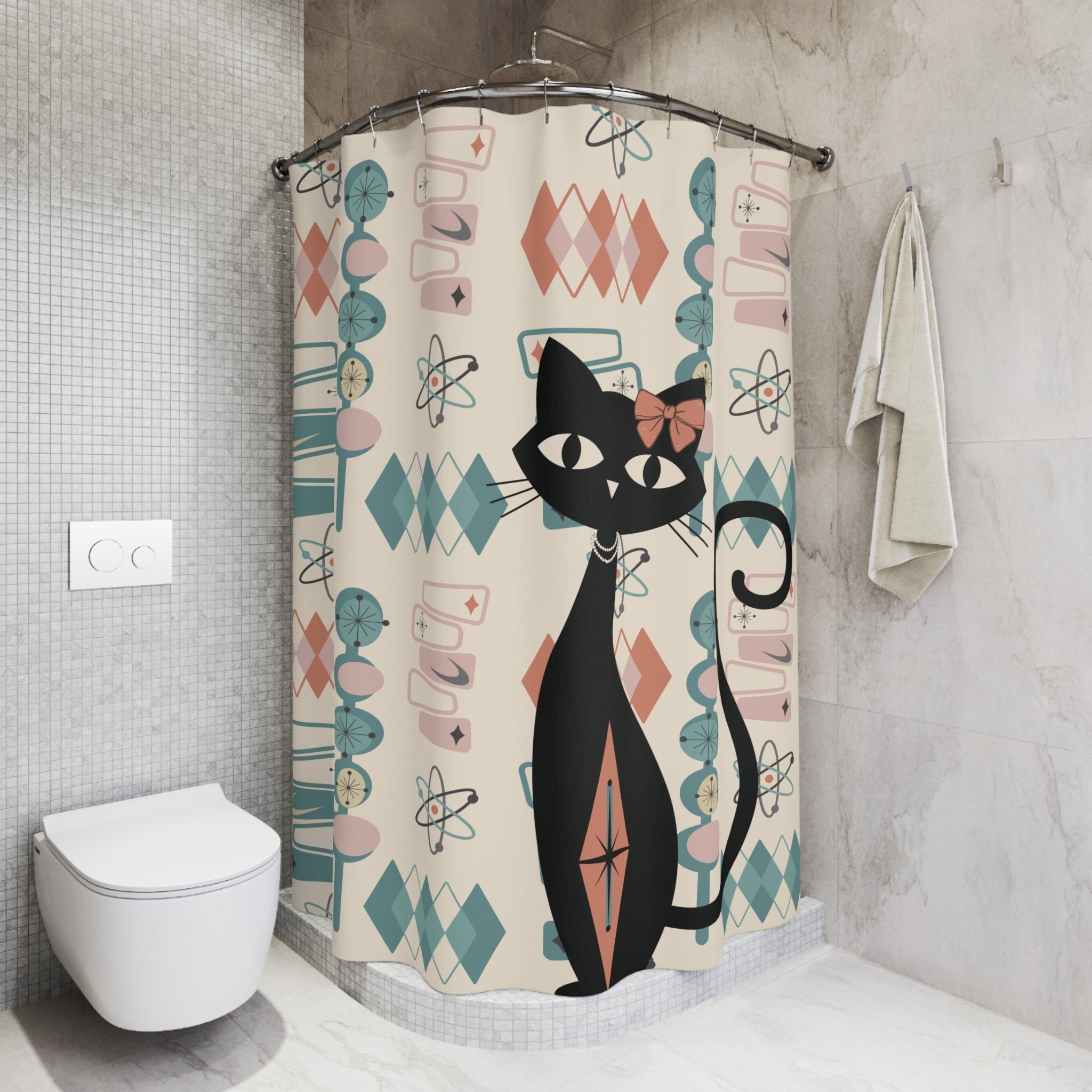 Kate McEnroe New York Atomic Cat Shower Curtain Mid Century Modern Retro Kitschy Bath DecorShower Curtains99537156856523981201