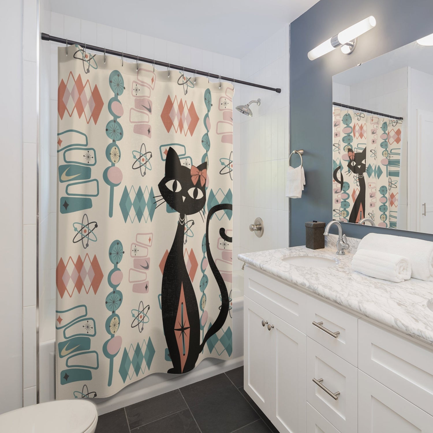 Kate McEnroe New York Atomic Cat Shower Curtain Mid Century Modern Retro Kitschy Bath DecorShower Curtains99537156856523981201