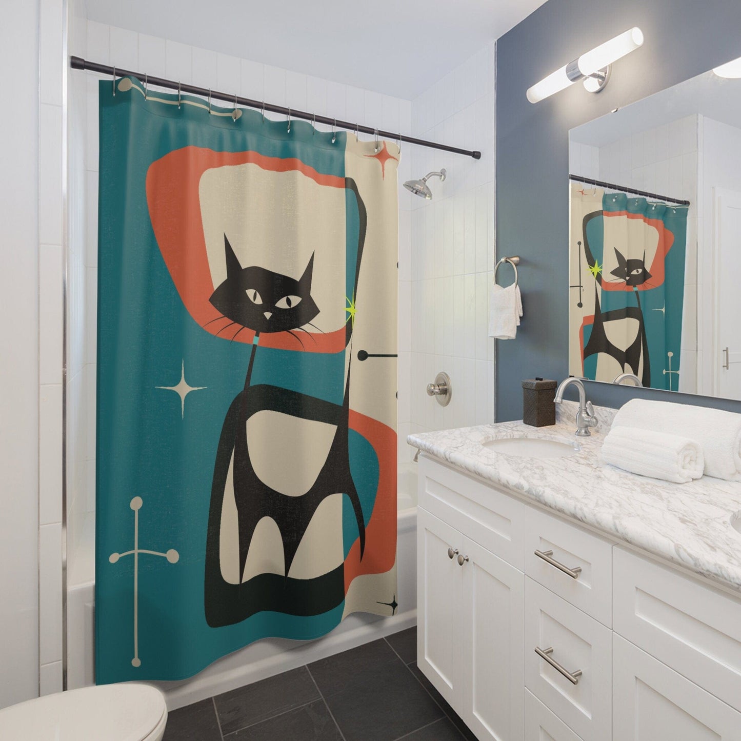 Kate McEnroe New York Atomic Cat Shower Curtains, Mid Century Modern Geometric Teal Blue, Burnt Orange, Cream MCM Starburst Bath Curtains, Retro Bathroom Decor Shower Curtains