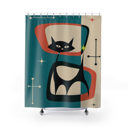 Kate McEnroe New York Atomic Cat Shower Curtains, Mid Century Modern Geometric Teal Blue, Burnt Orange, Cream MCM Starburst Bath Curtains, Retro Bathroom DecorShower CurtainsS40 - BLU - CAT - 7X7