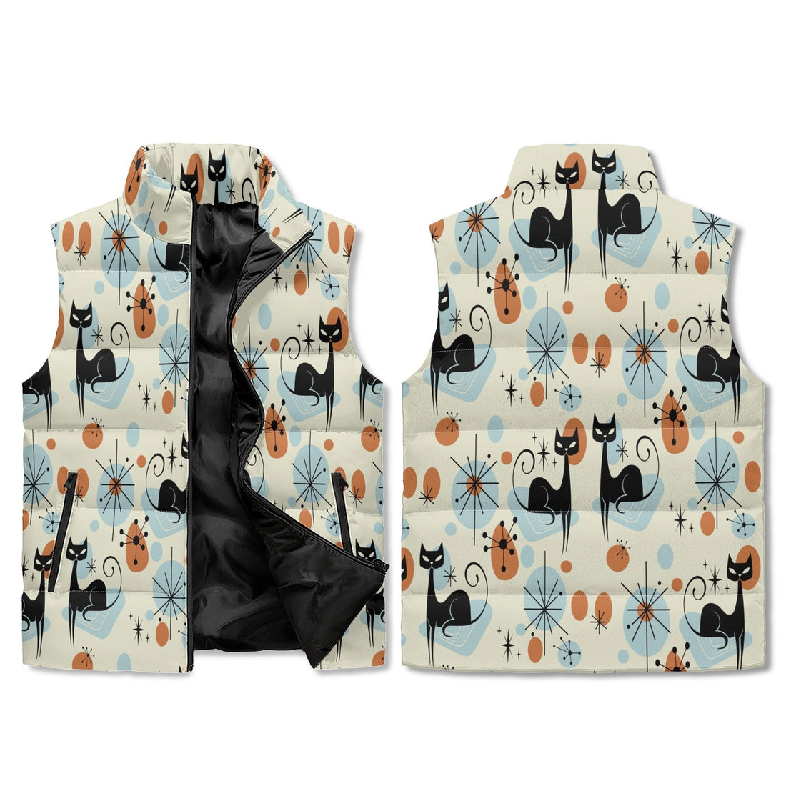Kate McEnroe New York Atomic Cat Sputnik Puffer Vest, Mid Century Retro Lightweight Jacket, Geometric Starburst MCM OuterwearPuffer JacketsN4M54XMW - 1
