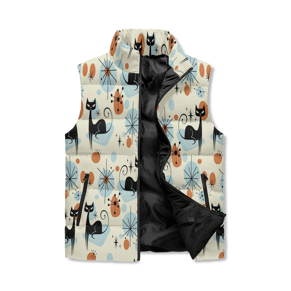 Kate McEnroe New York Atomic Cat Sputnik Puffer Vest, Mid Century Retro Lightweight Jacket, Geometric Starburst MCM OuterwearPuffer JacketsN4M54XMW - 1