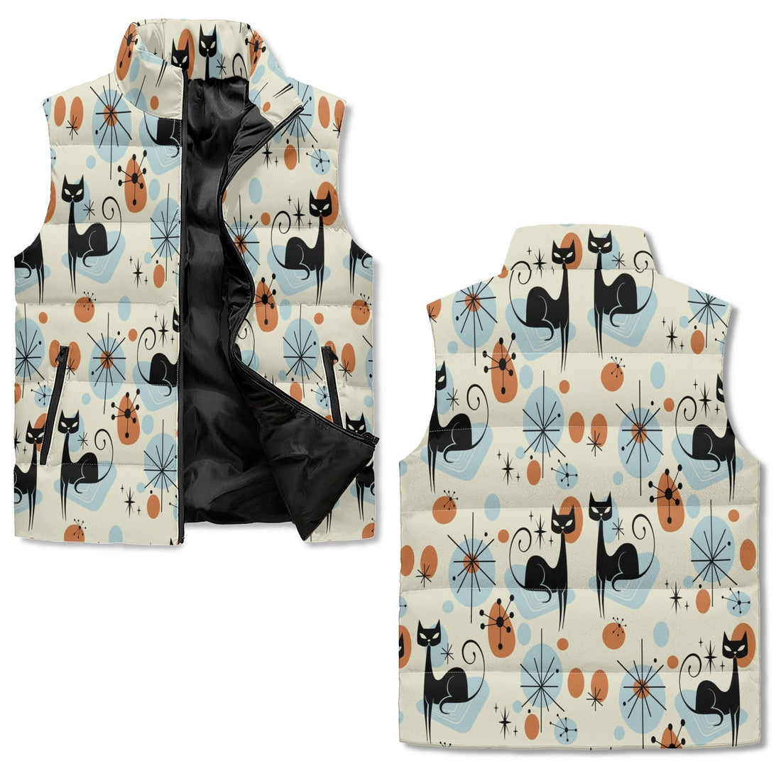 Kate McEnroe New York Atomic Cat Sputnik Puffer Vest, Mid Century Retro Lightweight Jacket, Geometric Starburst MCM OuterwearPuffer JacketsN4M54XMW - 1