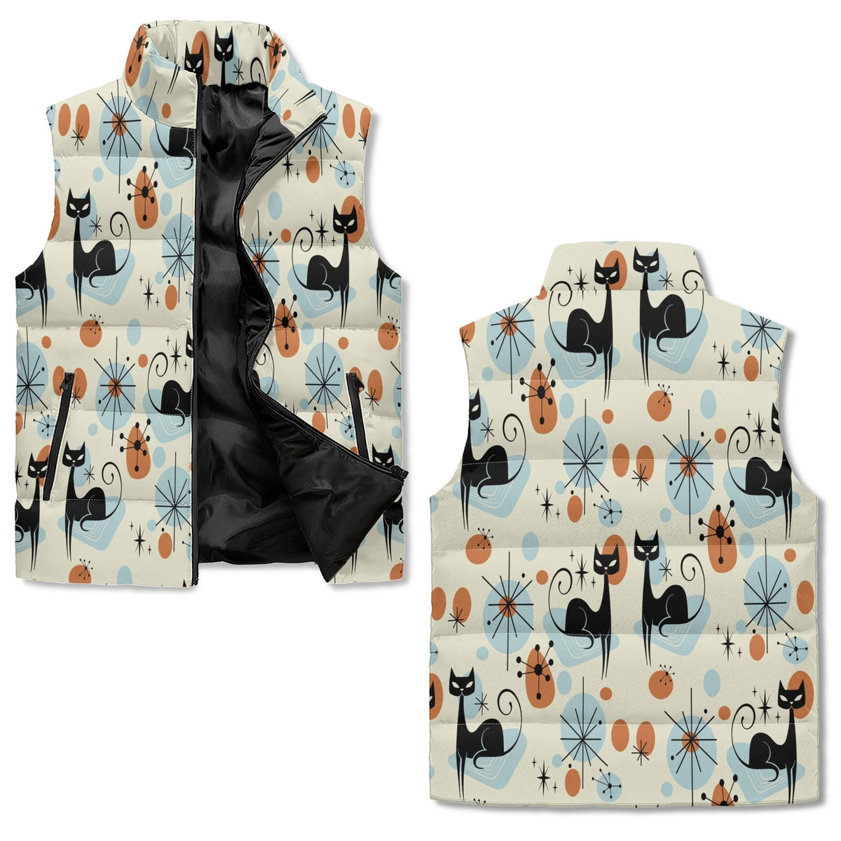 Kate McEnroe New York Atomic Cat Sputnik Puffer Vest, Mid Century Retro Lightweight Jacket, Geometric Starburst MCM OuterwearPuffer JacketsN4M54XMW - 1