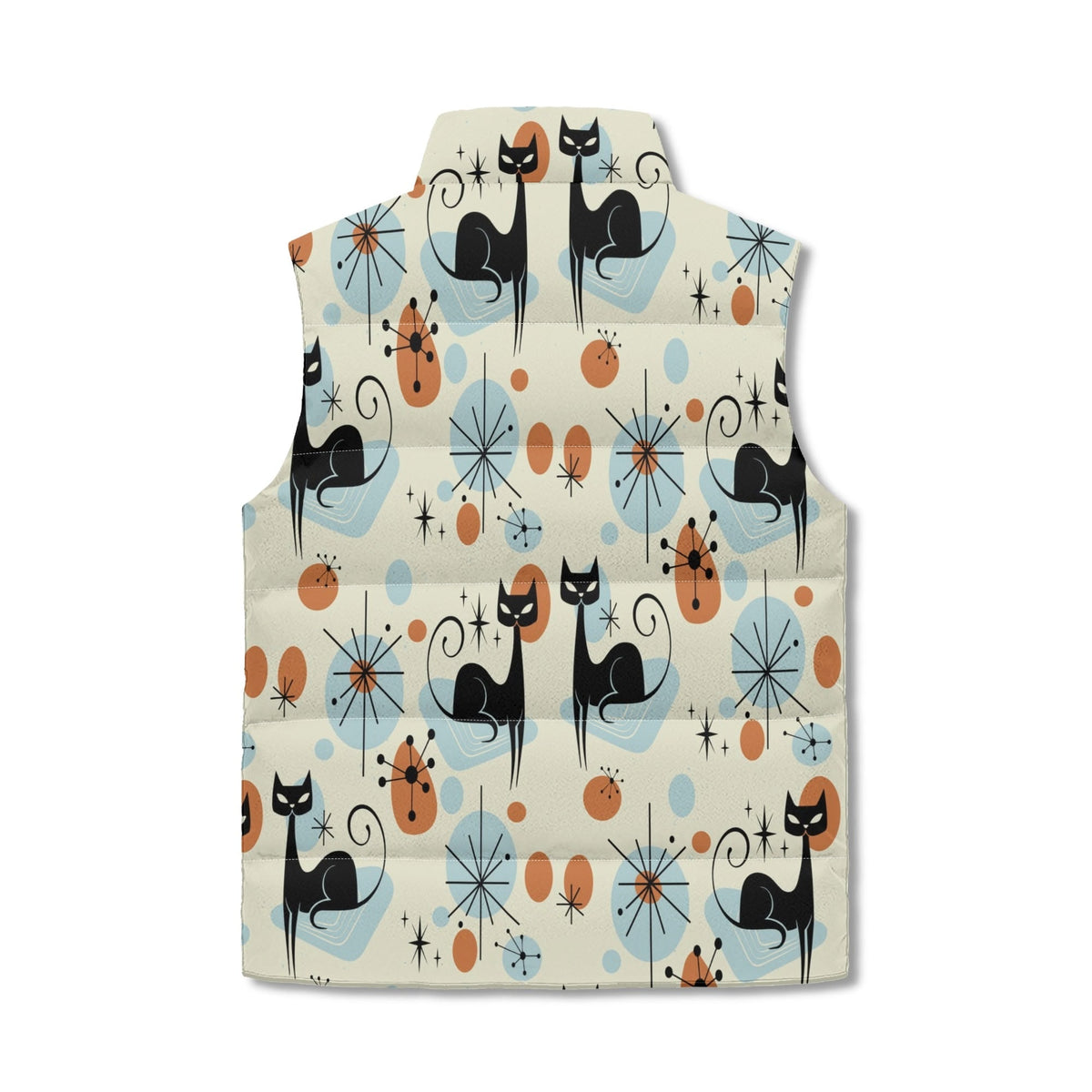 Kate McEnroe New York Atomic Cat Sputnik Puffer Vest, Mid Century Retro Lightweight Jacket, Geometric Starburst MCM OuterwearPuffer JacketsN4M54XMW - 1