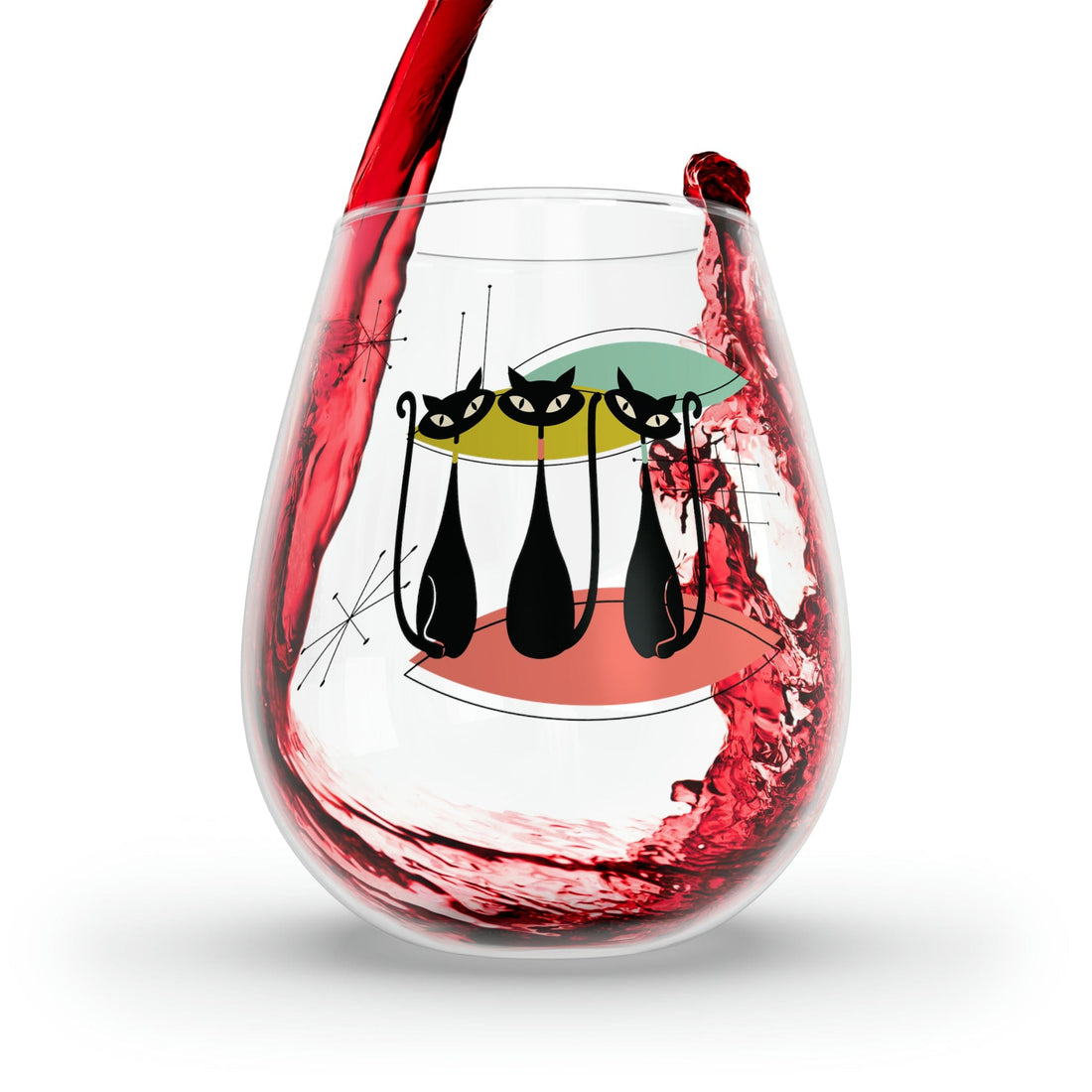 Kate McEnroe New York Atomic Cat Stemless Wine Glass, Mid Century Modern Bar Decor, Retro Kitty GlasswareWine Glasses20859691264667889636