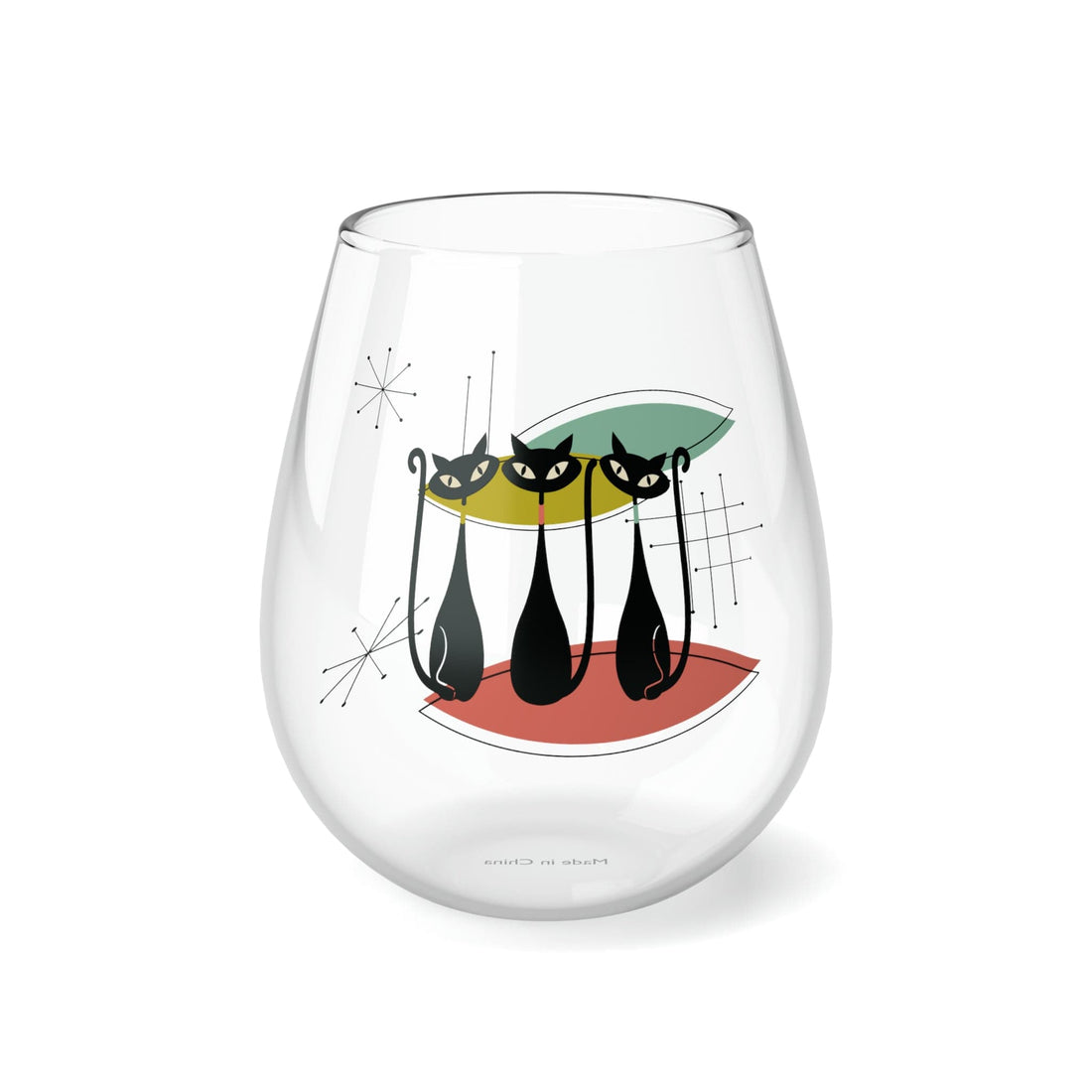 Kate McEnroe New York Atomic Cat Stemless Wine Glass, Mid Century Modern Bar Decor, Retro Kitty GlasswareWine Glasses20859691264667889636