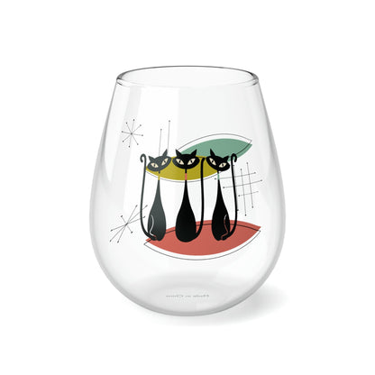 Kate McEnroe New York Atomic Cat Stemless Wine Glass, Mid Century Modern Bar Decor, Retro Kitty GlasswareWine Glasses20859691264667889636