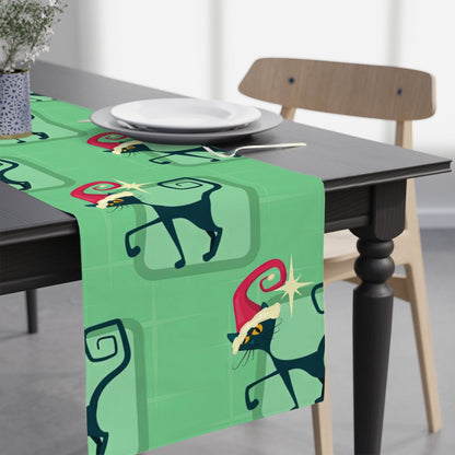 Kate McEnroe New York Atomic Cat Table Runner, Retro Christmas Mid Century Modern Table Linens, MCM Green Kitschy Black Cats Dining Table Decor, Retro Kitchen DecorTable Runners34588222449764161315