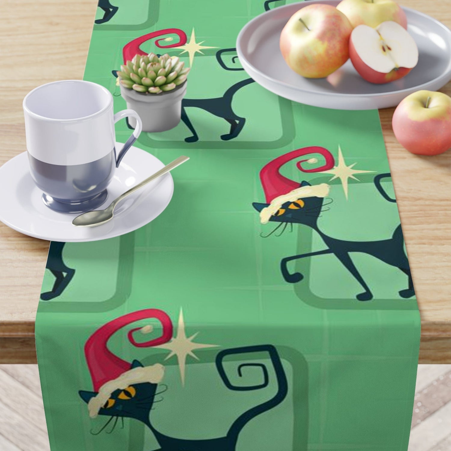 Kate McEnroe New York Atomic Cat Table Runner, Retro Christmas Mid Century Modern Table Linens, MCM Green Kitschy Black Cats Dining Table Decor, Retro Kitchen DecorTable Runners34588222449764161315