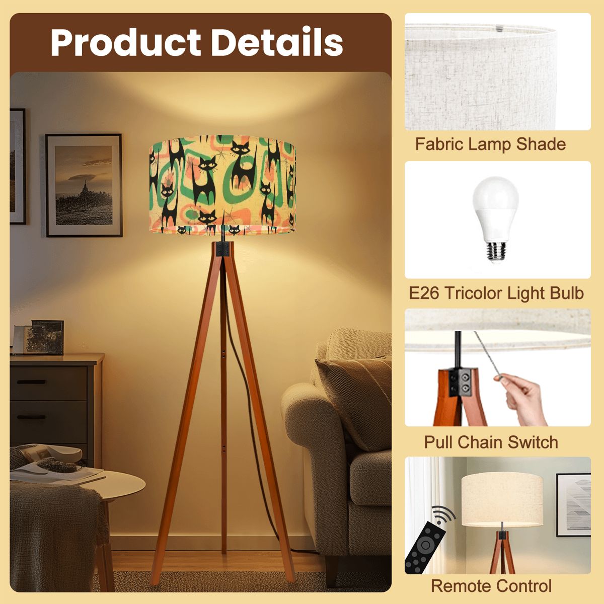 Kate McEnroe New York Atomic Cat Tripod Floor Lamp, Retro Mid Century Modern Statement Lighting, Funky MCM Living Room or Bedroom Accent PieceTripod Floor LampsC6Mcd9lQxf