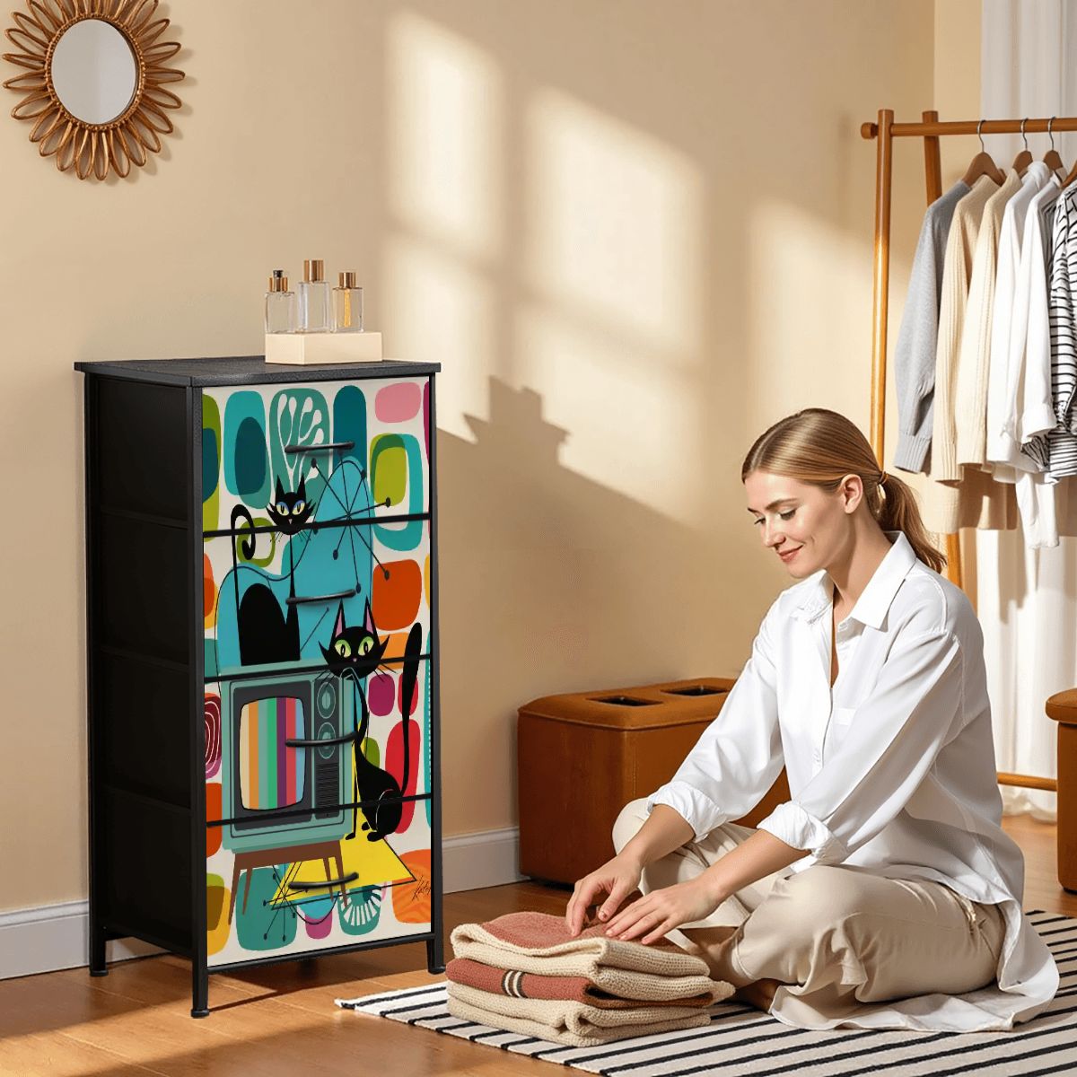 Kate McEnroe New York Atomic Cat TV Lounge Tall Dresser, Mid Century Modern Starburst Storage, Retro Mod Furniture, 50s Kitsch Black Cat ChestDressers0VPtvyzgEF