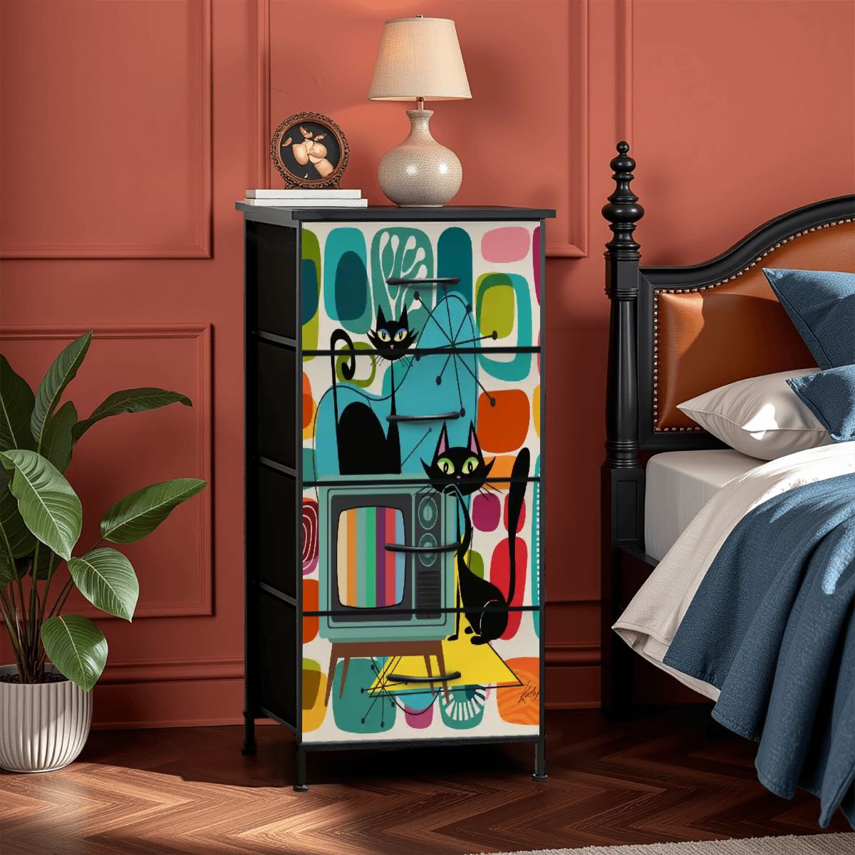Kate McEnroe New York Atomic Cat TV Lounge Tall Dresser, Mid Century Modern Starburst Storage, Retro Mod Furniture, 50s Kitsch Black Cat ChestDressers0VPtvyzgEF