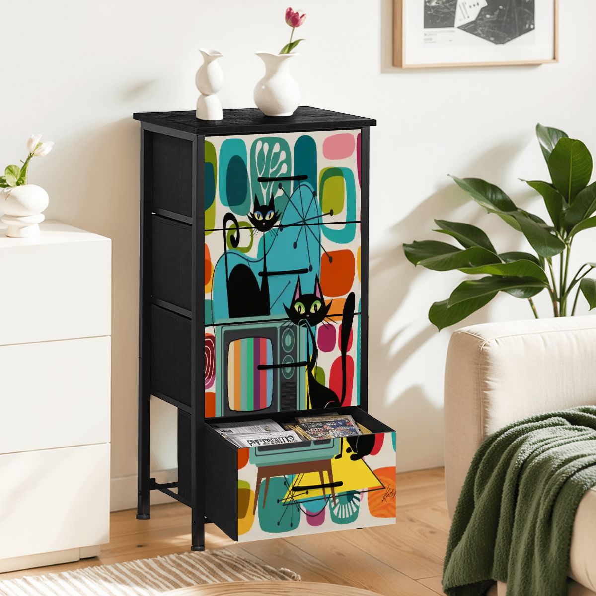 Kate McEnroe New York Atomic Cat TV Lounge Tall Dresser, Mid Century Modern Starburst Storage, Retro Mod Furniture, 50s Kitsch Black Cat ChestDressers0VPtvyzgEF