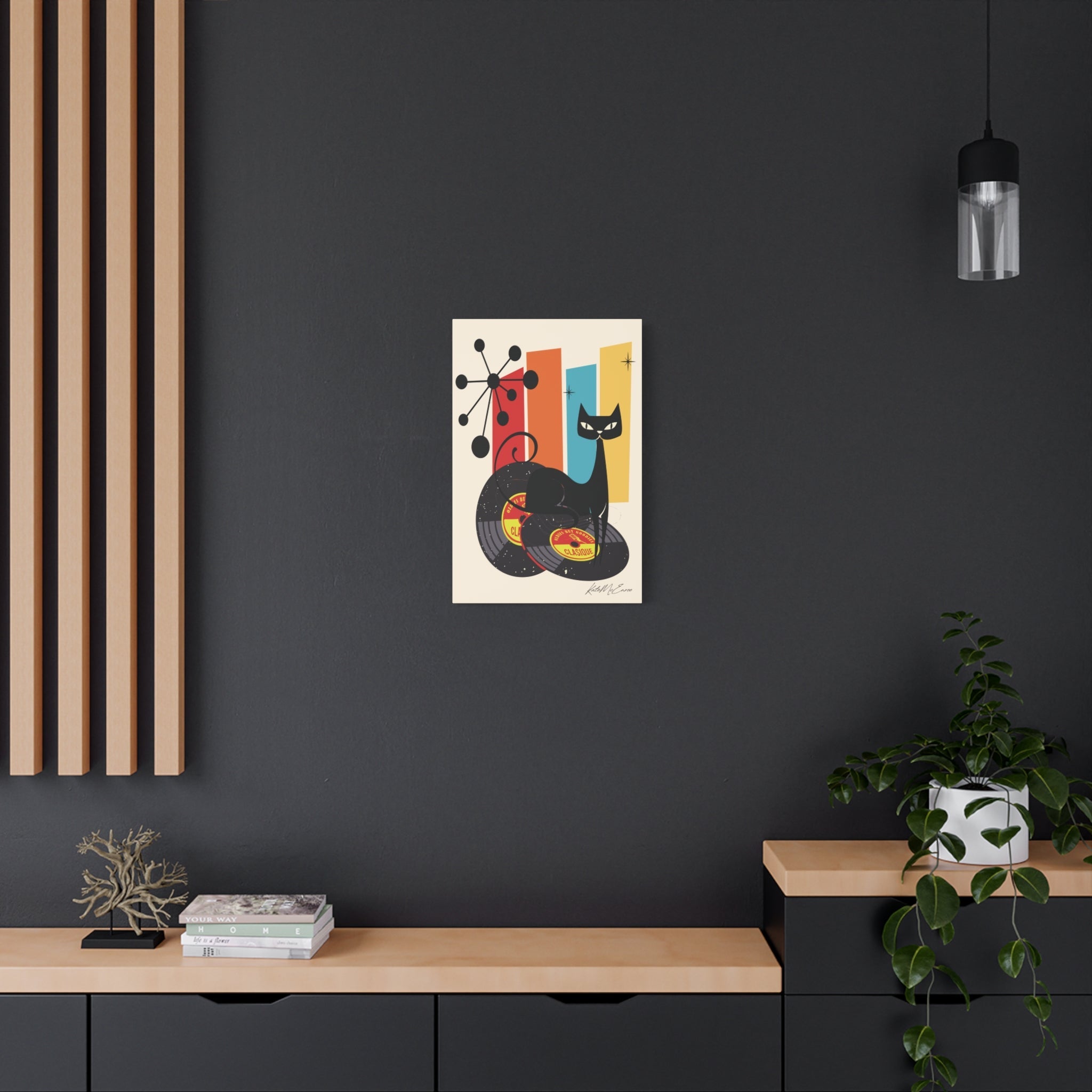 Kate McEnroe New York Atomic Cat Vinyl Record Wall Art, Mid Century Modern Audiophile CanvasCanvas Wall Art82614916140946701155