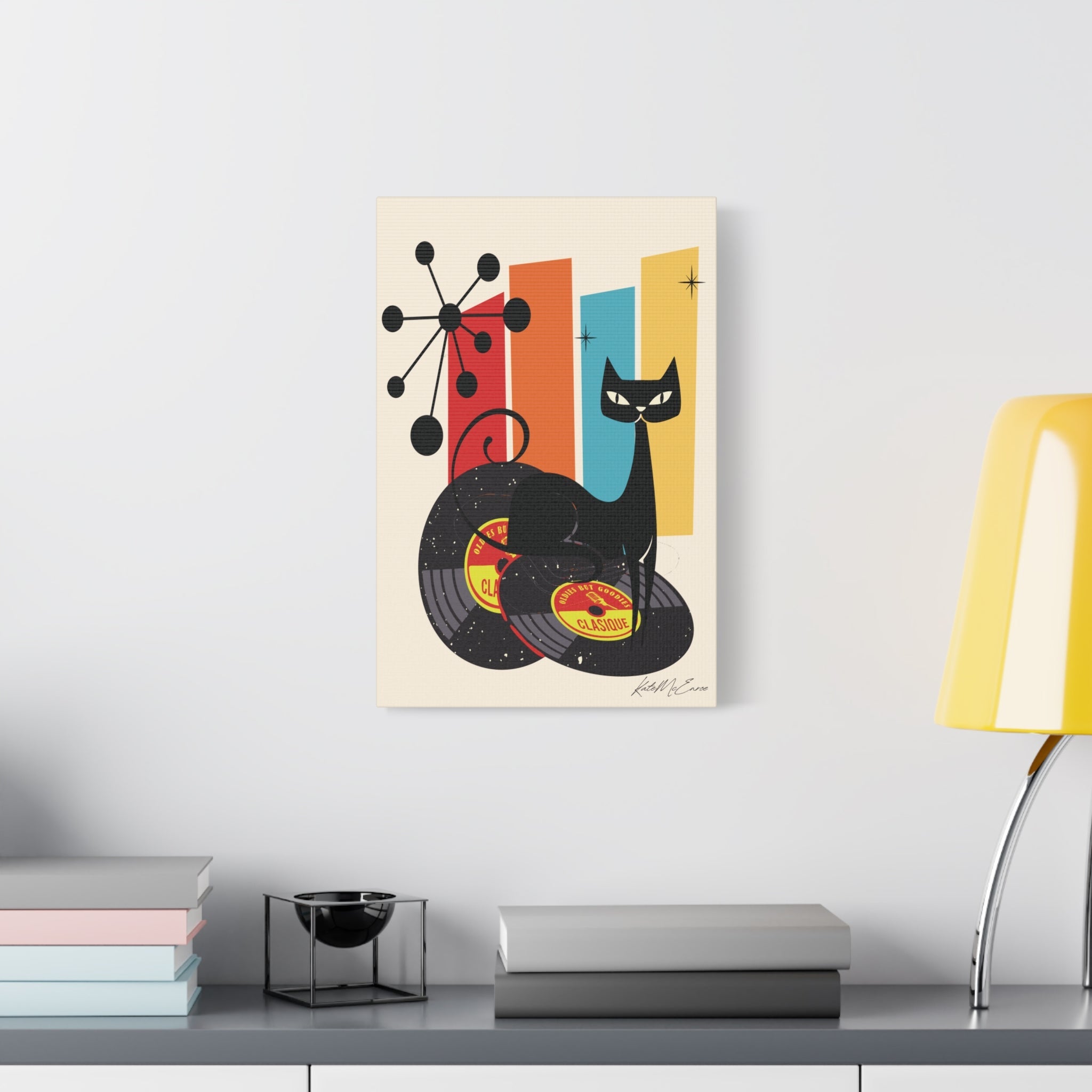 Kate McEnroe New York Atomic Cat Vinyl Record Wall Art, Mid Century Modern Audiophile CanvasCanvas Wall Art82614916140946701155