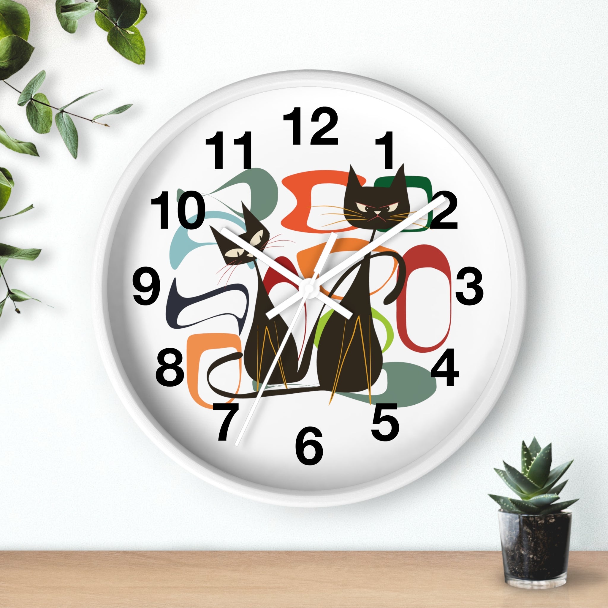 Kate McEnroe New York Atomic Cat Wall Clock, Mid Century Modern Retro Style, Orange, Green, and Blue, Wall Art DecorWall Clocks27042628030011308395