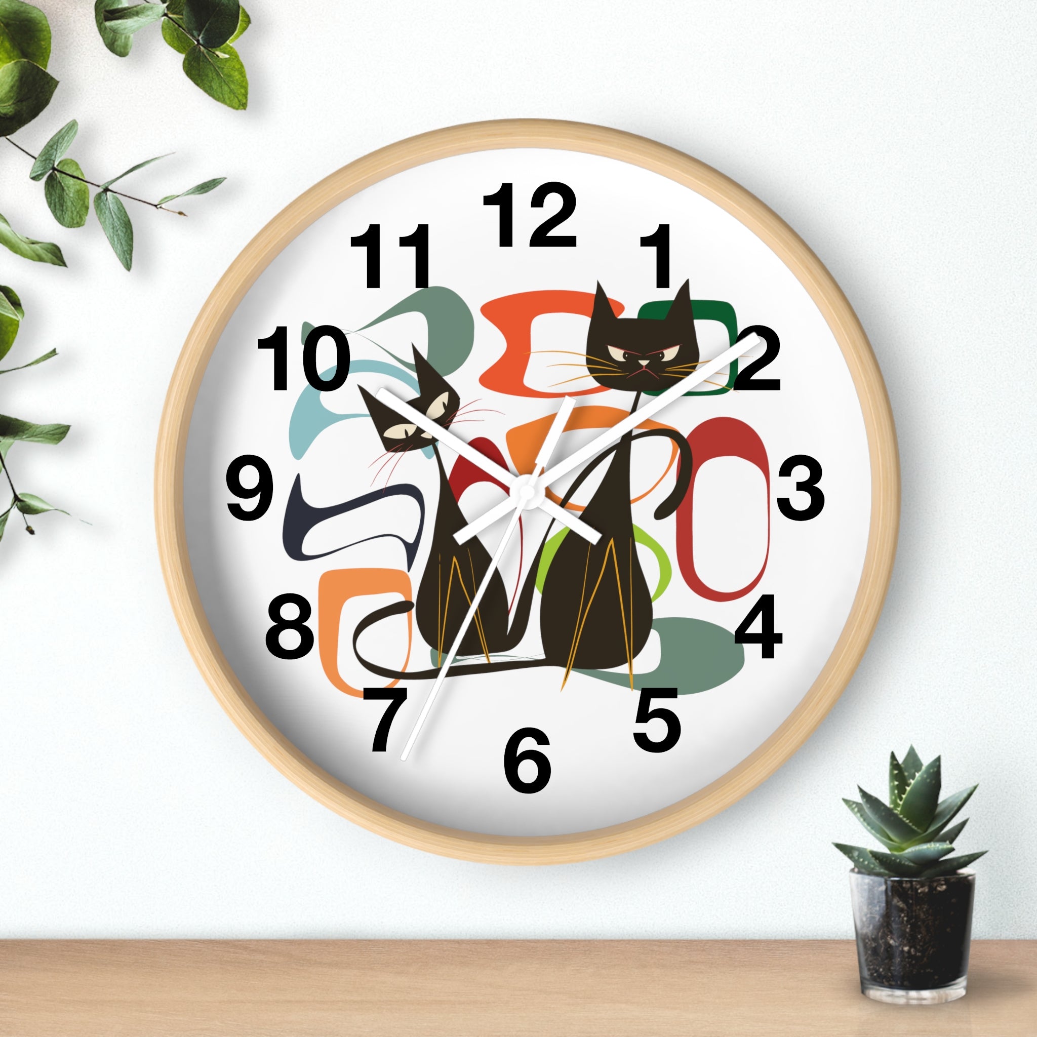 Kate McEnroe New York Atomic Cat Wall Clock, Mid Century Modern Retro Style, Orange, Green, and Blue, Wall Art DecorWall Clocks27042628030011308395