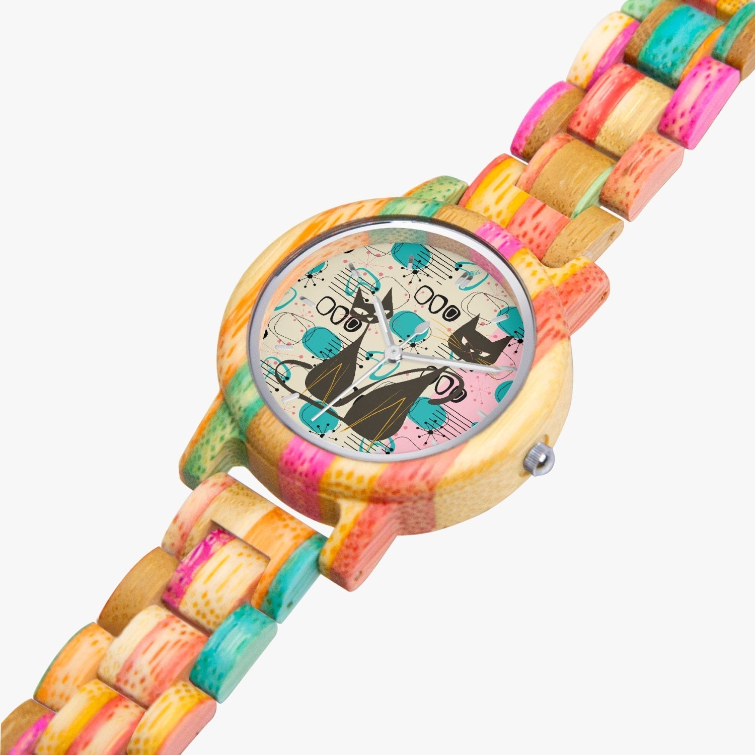 Kate McEnroe New York Atomic Cat Wooden Watch, Colorful Camouflage Bamboo Wristwatch, Retro Mid Century Modern StyleWatcheseefbtflm_001