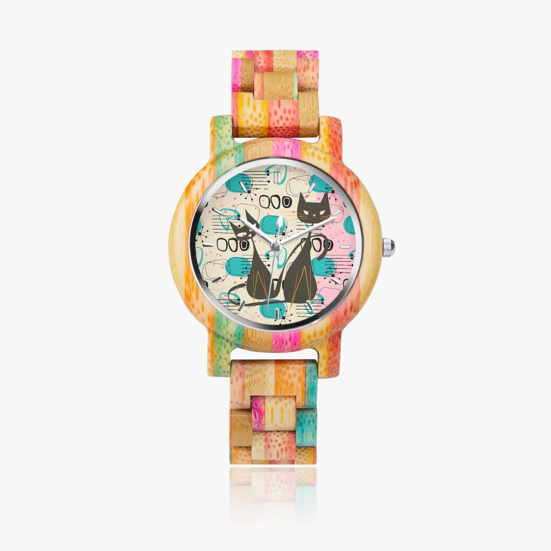 Kate McEnroe New York Atomic Cat Wooden Watch, Colorful Camouflage Bamboo Wristwatch, Retro Mid Century Modern StyleWatcheseefbtflm_001